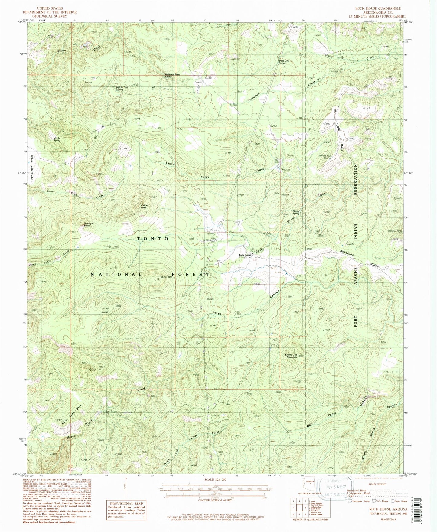 Classic USGS Rock House Arizona 7.5'x7.5' Topo Map Image