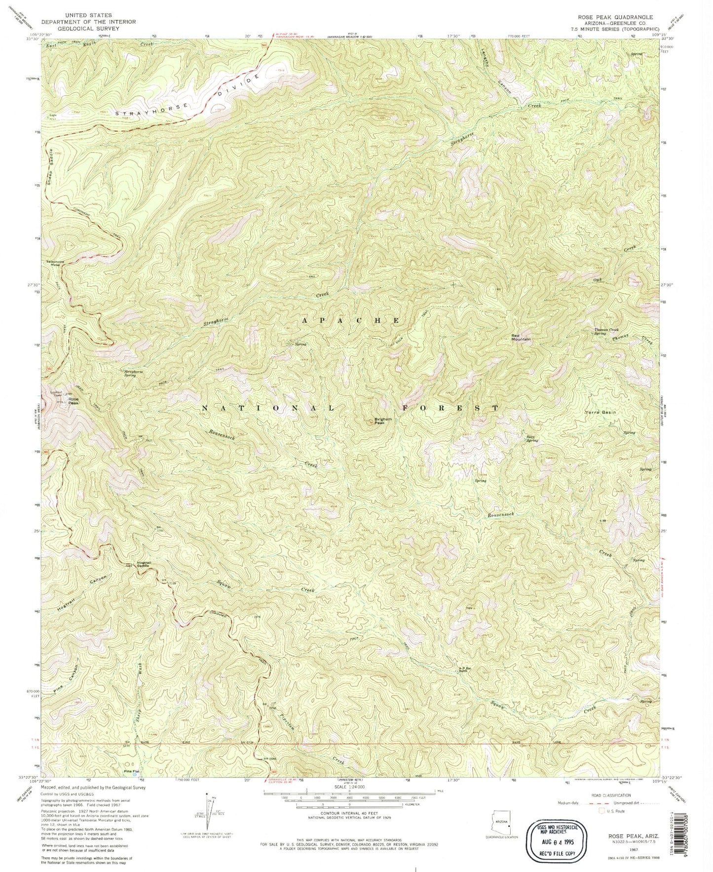 Classic USGS Rose Peak Arizona 7.5'x7.5' Topo Map Image