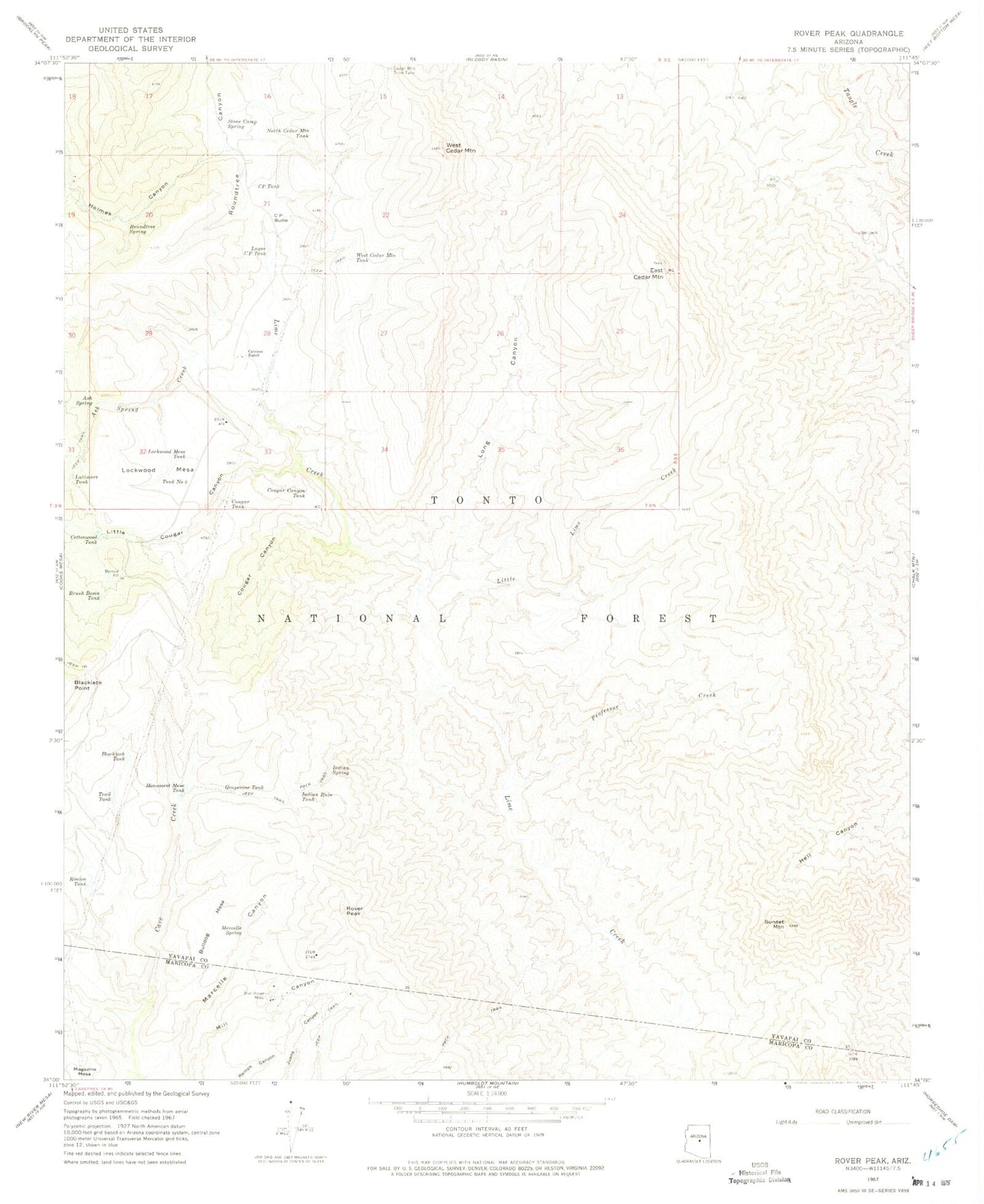 Classic USGS Rover Peak Arizona 7.5'x7.5' Topo Map Image