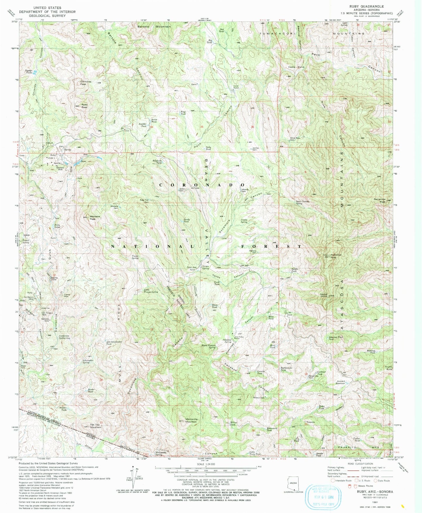 Classic USGS Ruby Arizona 7.5'x7.5' Topo Map Image