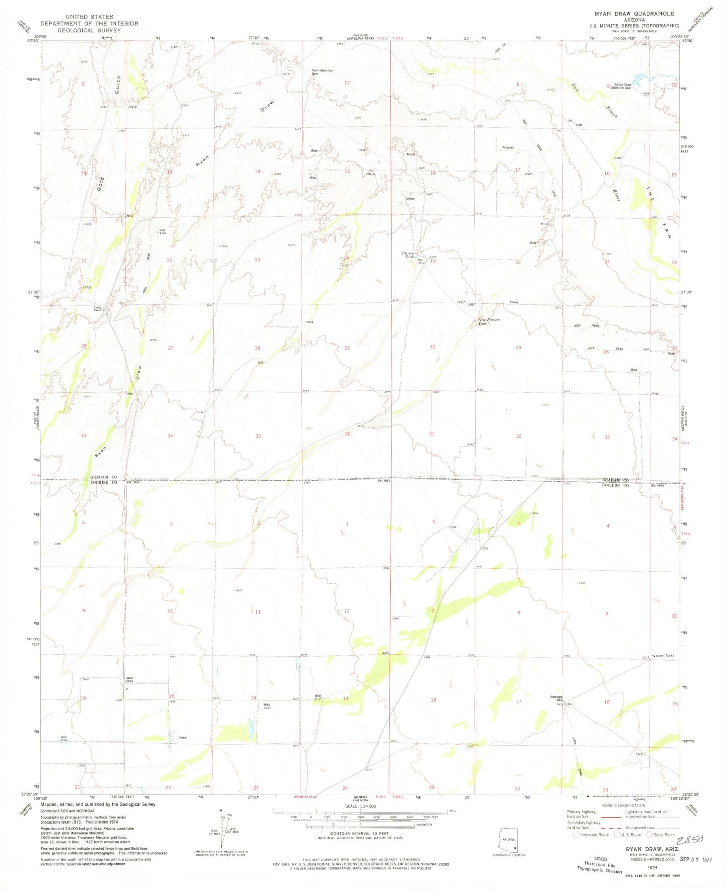 Classic USGS Ryan Draw Arizona 7.5'x7.5' Topo Map Image