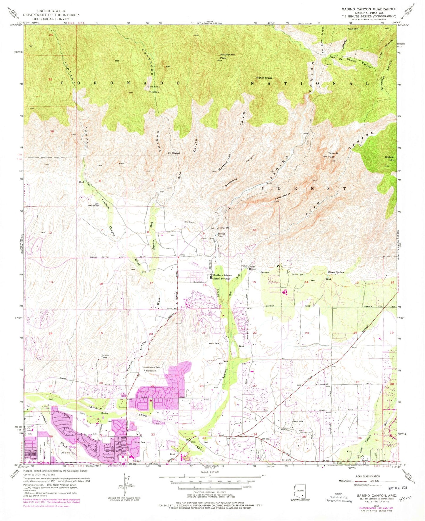 Classic USGS Sabino Canyon Arizona 7.5'x7.5' Topo Map Image