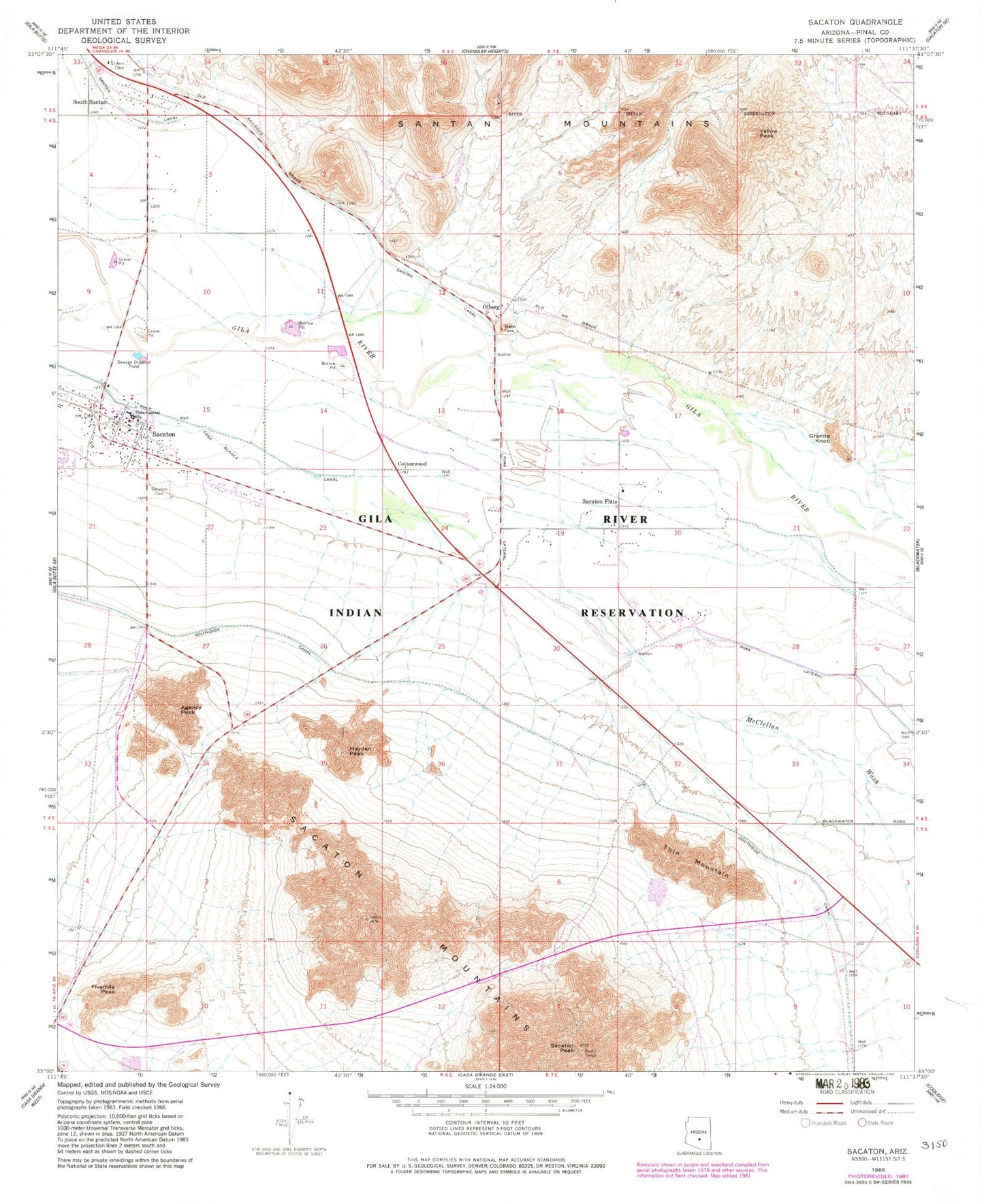 Classic USGS Sacaton Arizona 7.5'x7.5' Topo Map Image