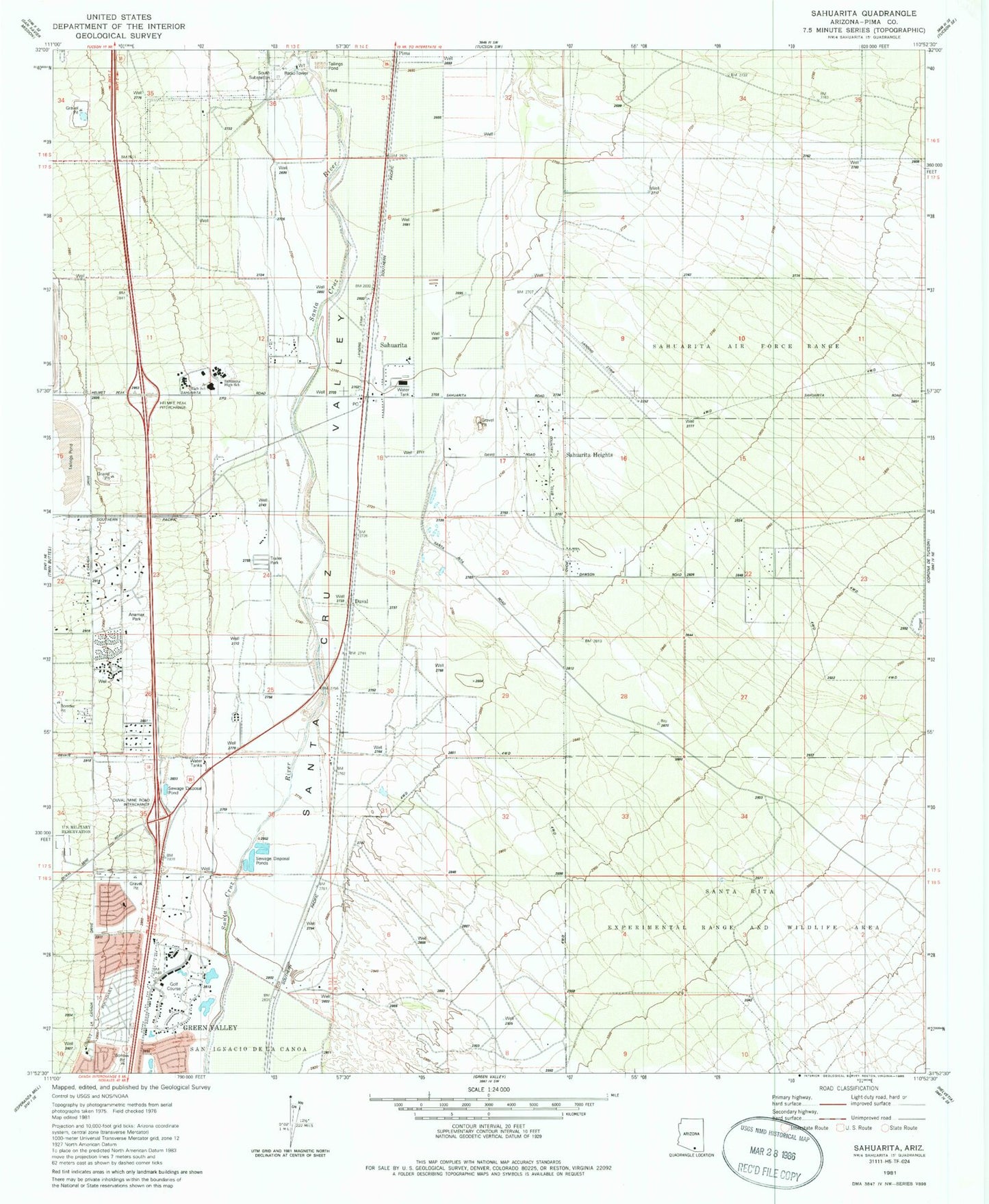 Classic USGS Sahuarita Arizona 7.5'x7.5' Topo Map Image