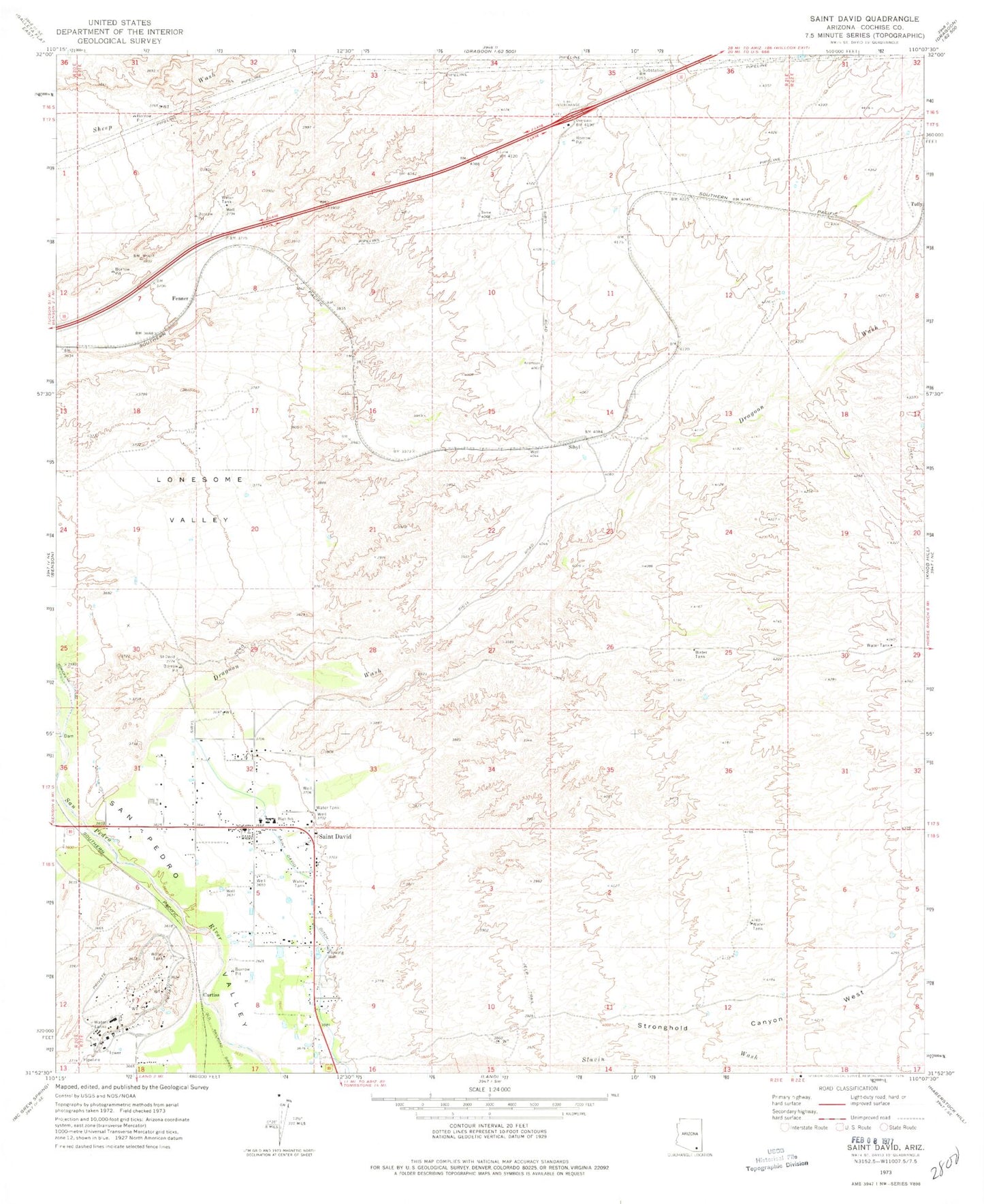 Classic USGS Saint David Arizona 7.5'x7.5' Topo Map Image