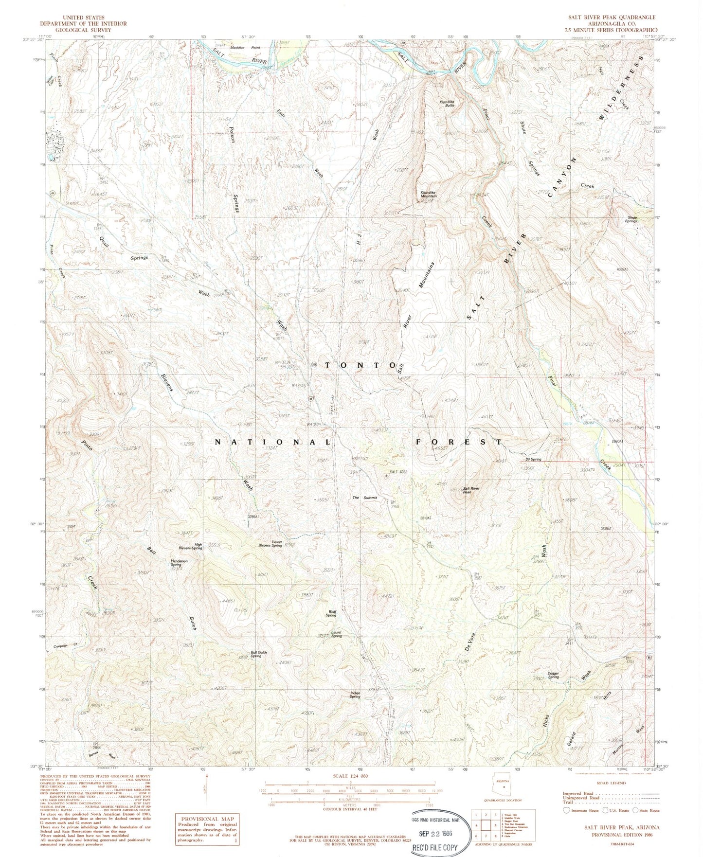 Classic USGS Salt River Peak Arizona 7.5'x7.5' Topo Map Image