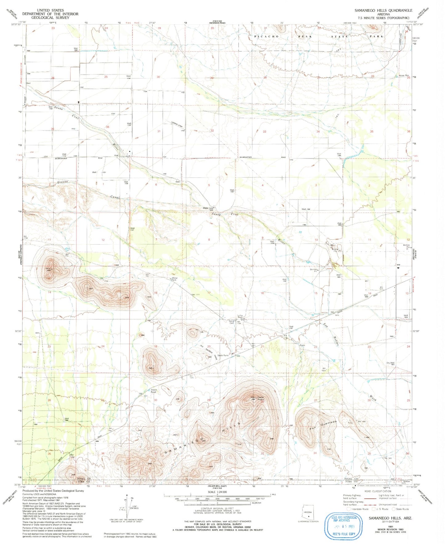 Classic USGS Samaniego Hills Arizona 7.5'x7.5' Topo Map Image