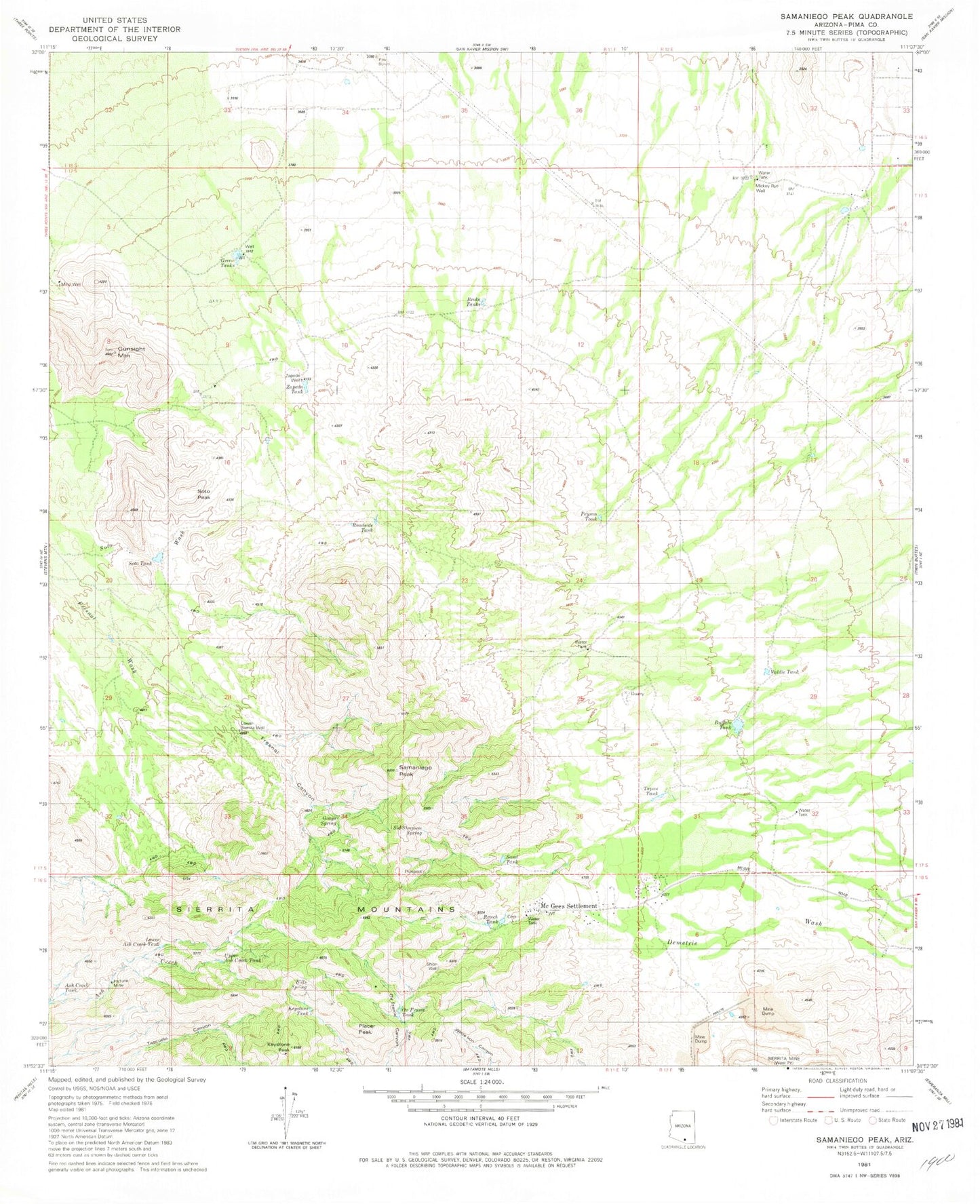 Classic USGS Samaniego Peak Arizona 7.5'x7.5' Topo Map Image