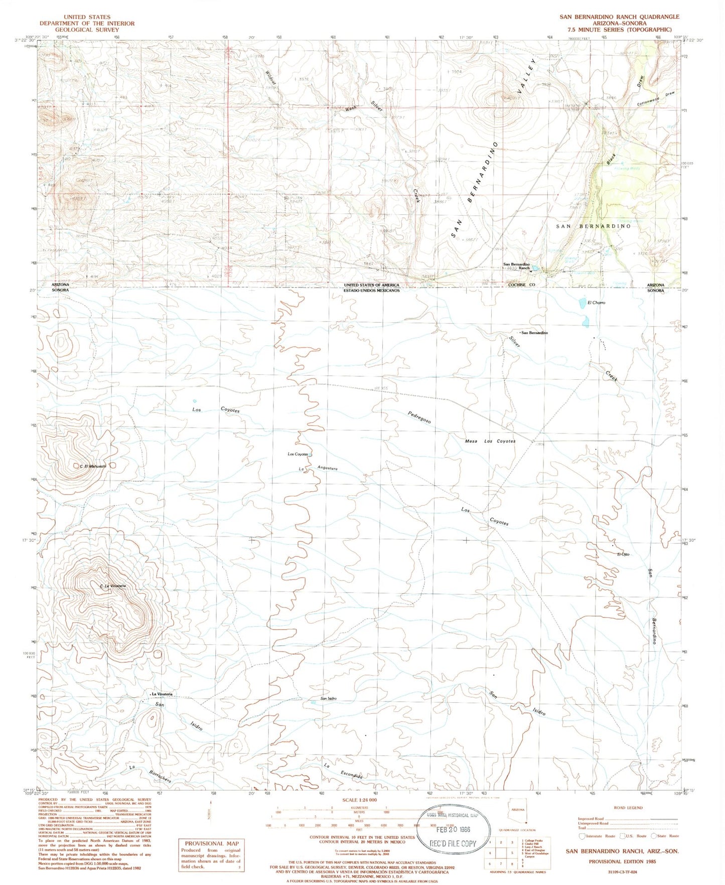 Classic USGS San Bernardino Ranch Arizona 7.5'x7.5' Topo Map Image