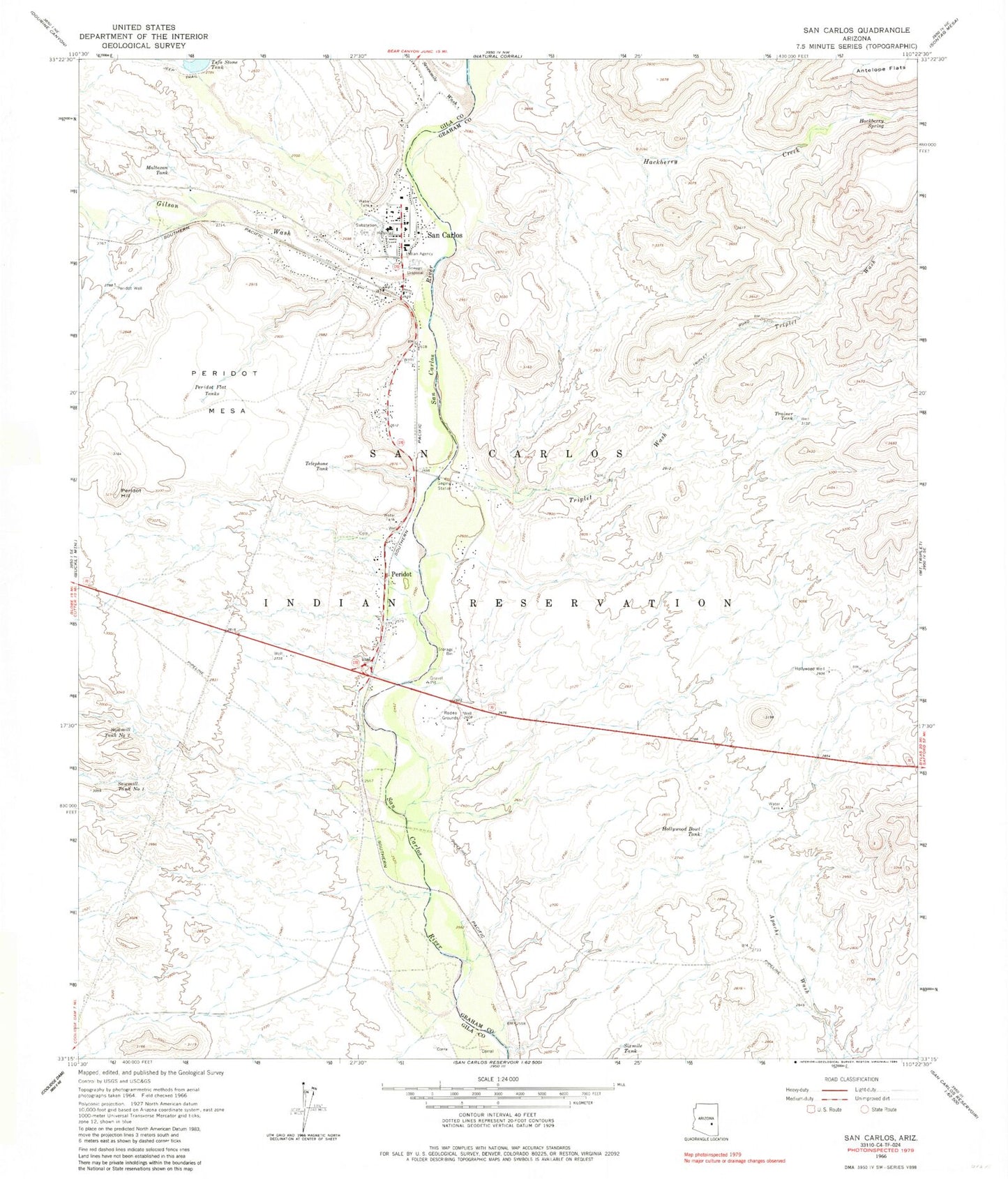 Classic USGS San Carlos Arizona 7.5'x7.5' Topo Map Image