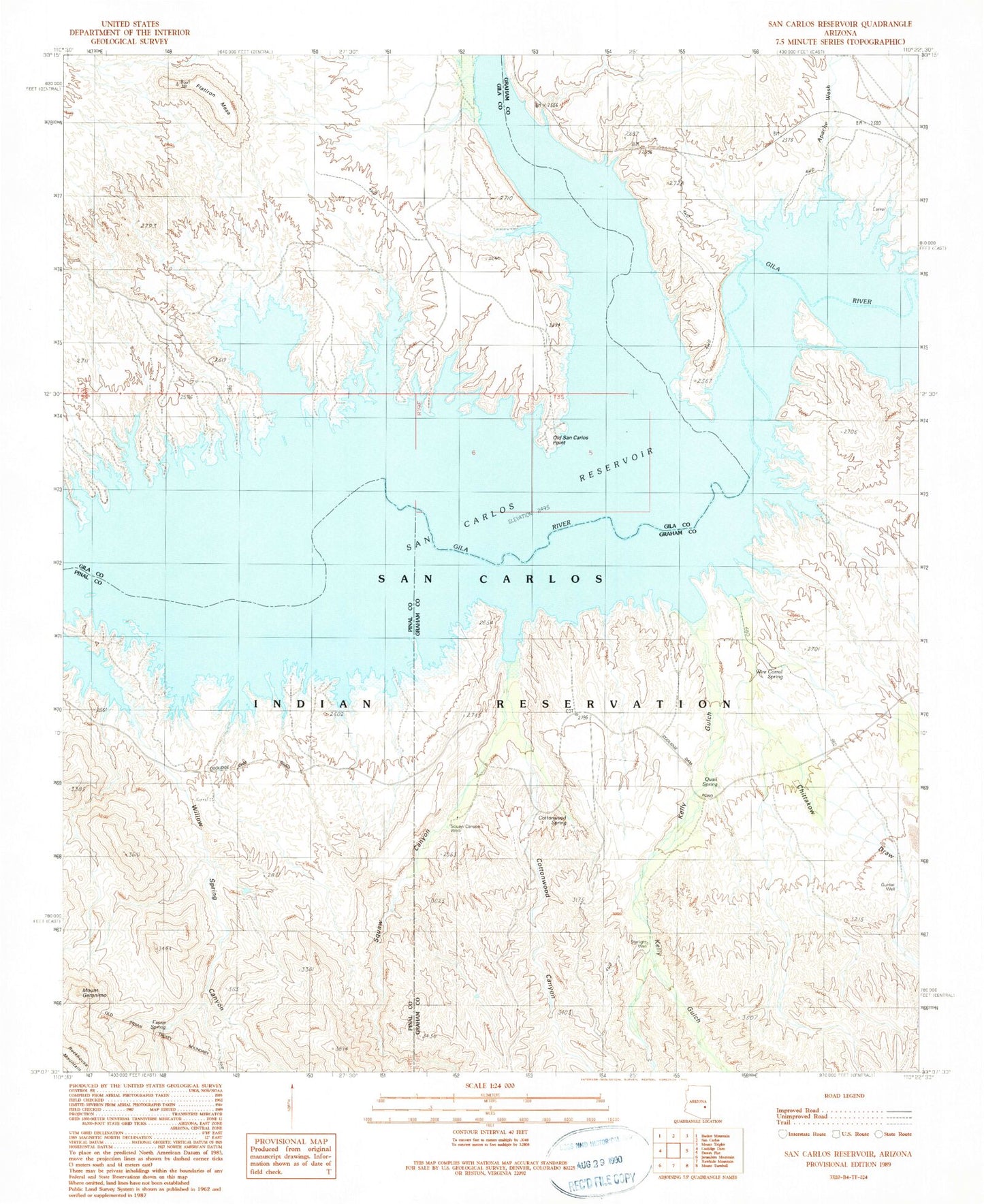 Classic USGS San Carlos Reservoir Arizona 7.5'x7.5' Topo Map Image