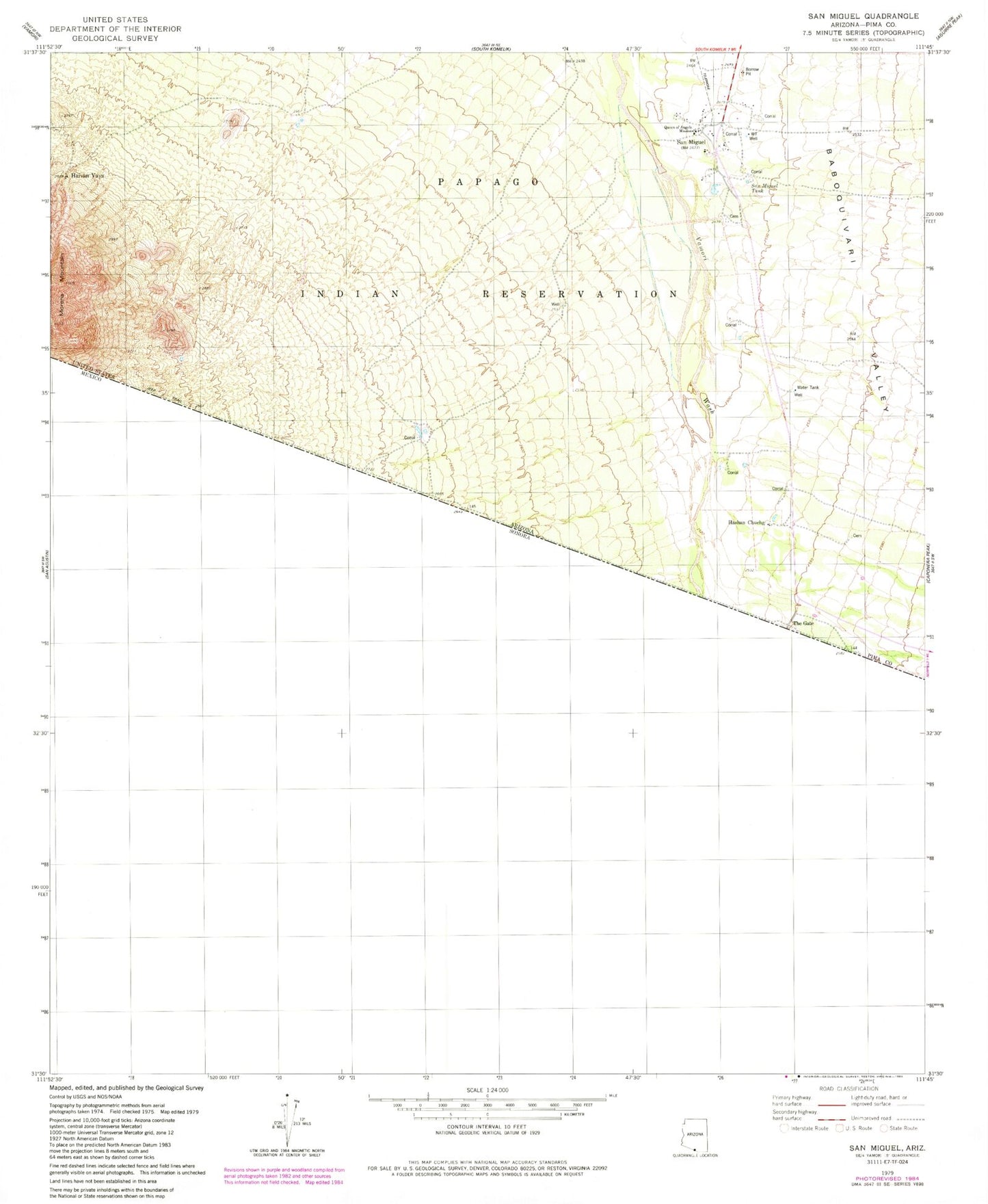 Classic USGS San Miguel Arizona 7.5'x7.5' Topo Map Image