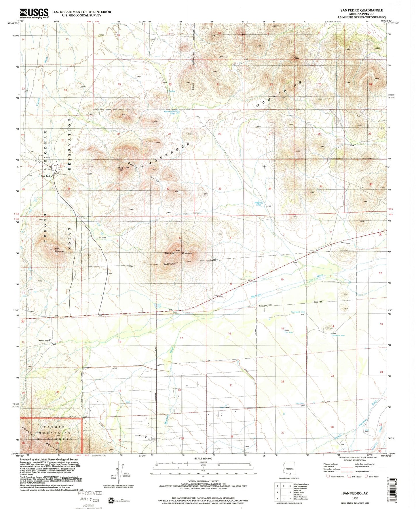 Classic USGS San Pedro Arizona 7.5'x7.5' Topo Map Image