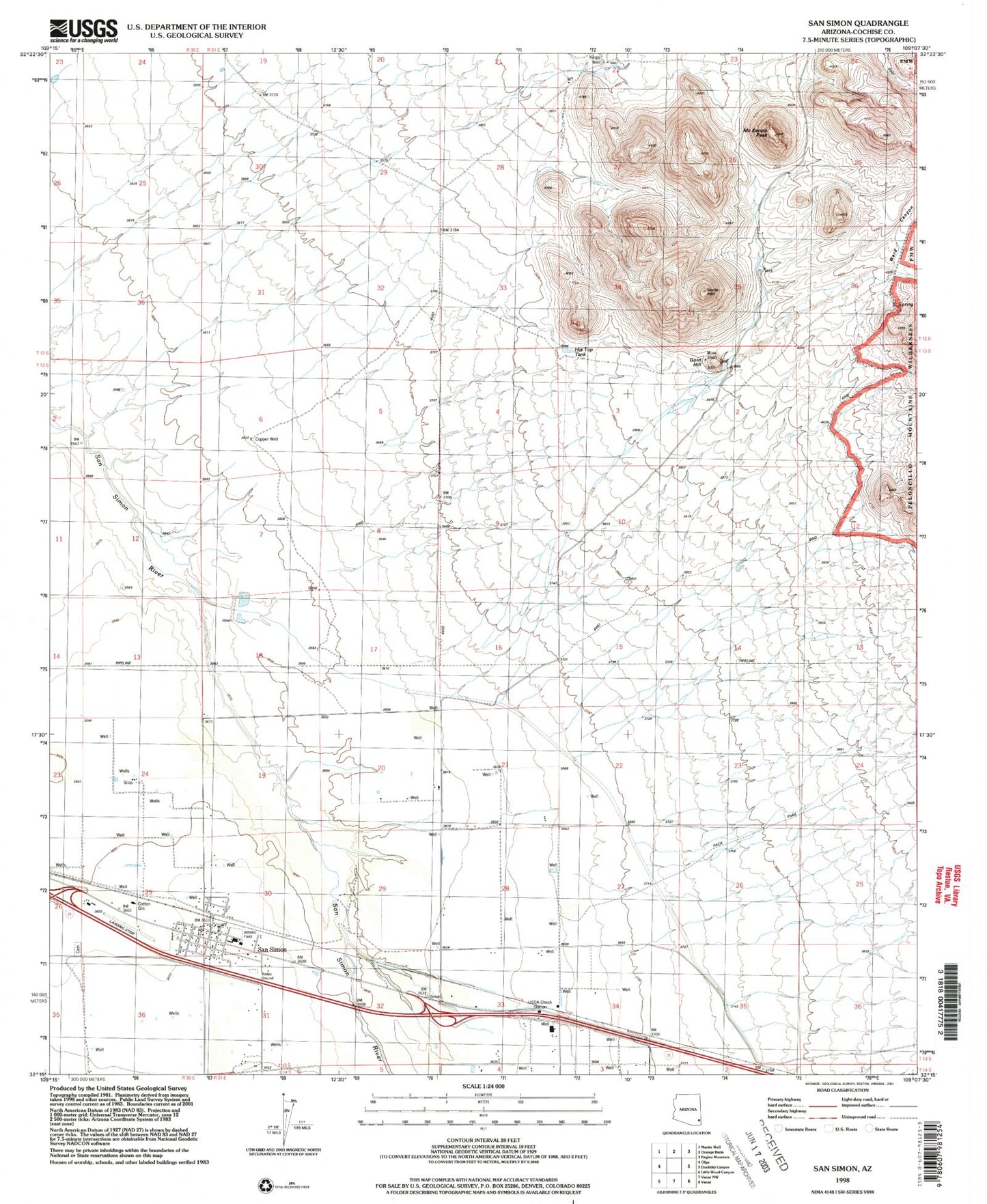 Classic USGS San Simon Arizona 7.5'x7.5' Topo Map Image
