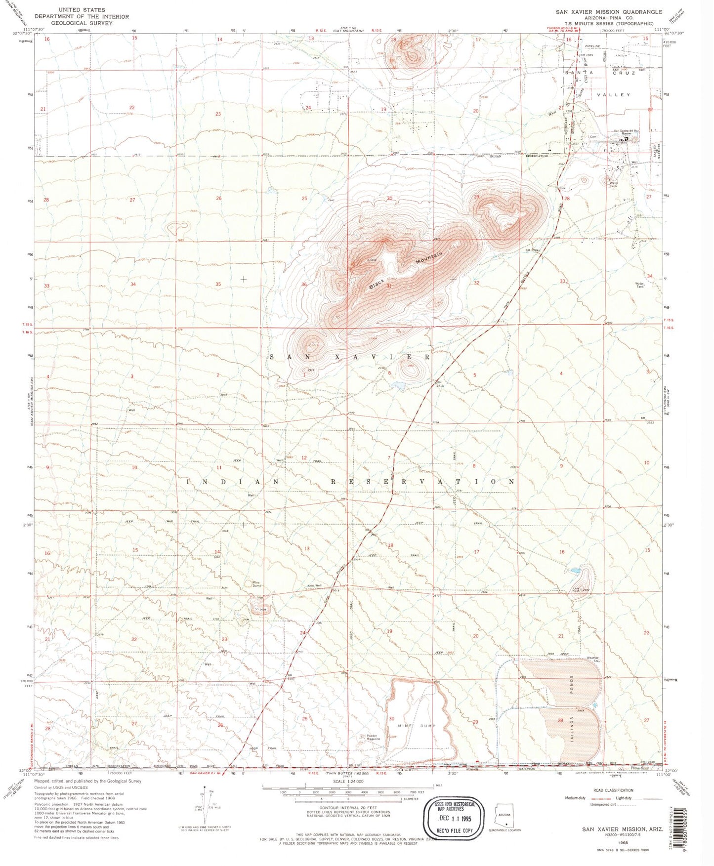 Classic USGS San Xavier Mission Arizona 7.5'x7.5' Topo Map Image