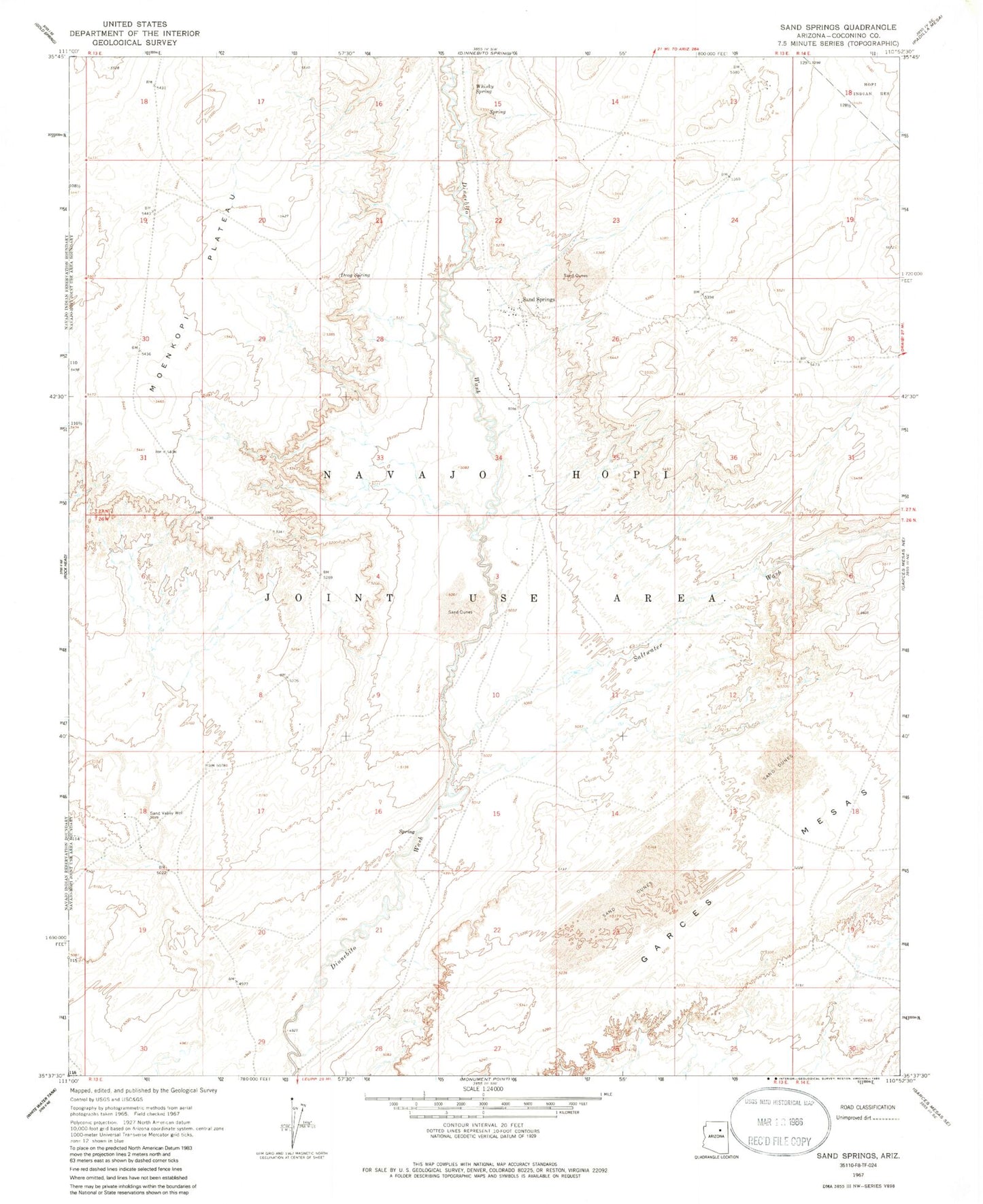 Classic USGS Sand Springs Arizona 7.5'x7.5' Topo Map Image