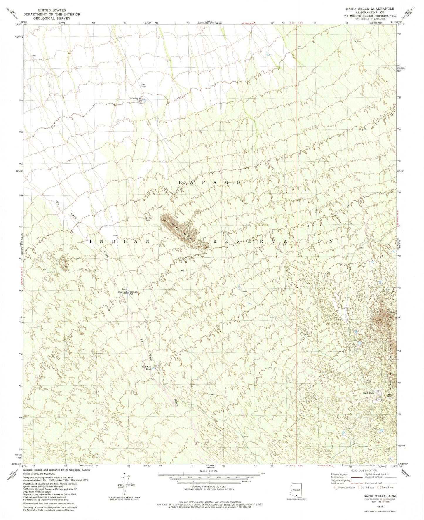 Classic USGS Sand Wells Arizona 7.5'x7.5' Topo Map Image