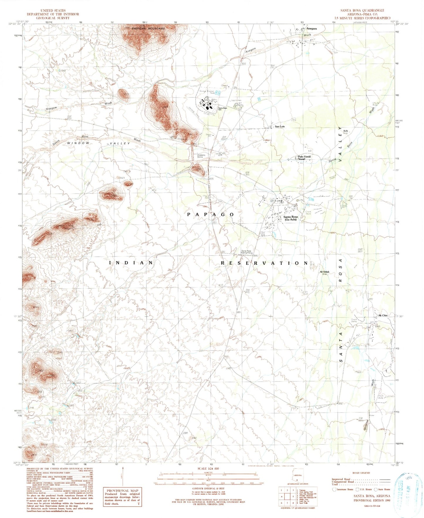 Classic USGS Santa Rosa Arizona 7.5'x7.5' Topo Map Image