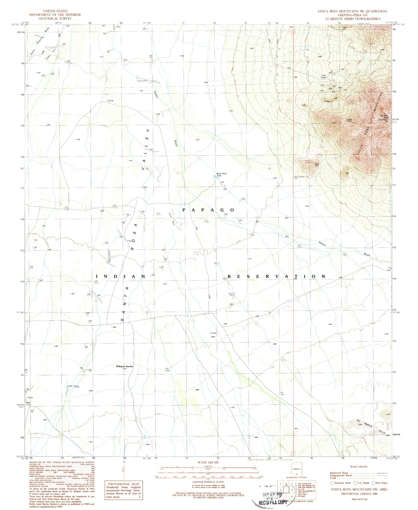 Classic USGS Santa Rosa Mountains SW Arizona 7.5'x7.5' Topo Map Image
