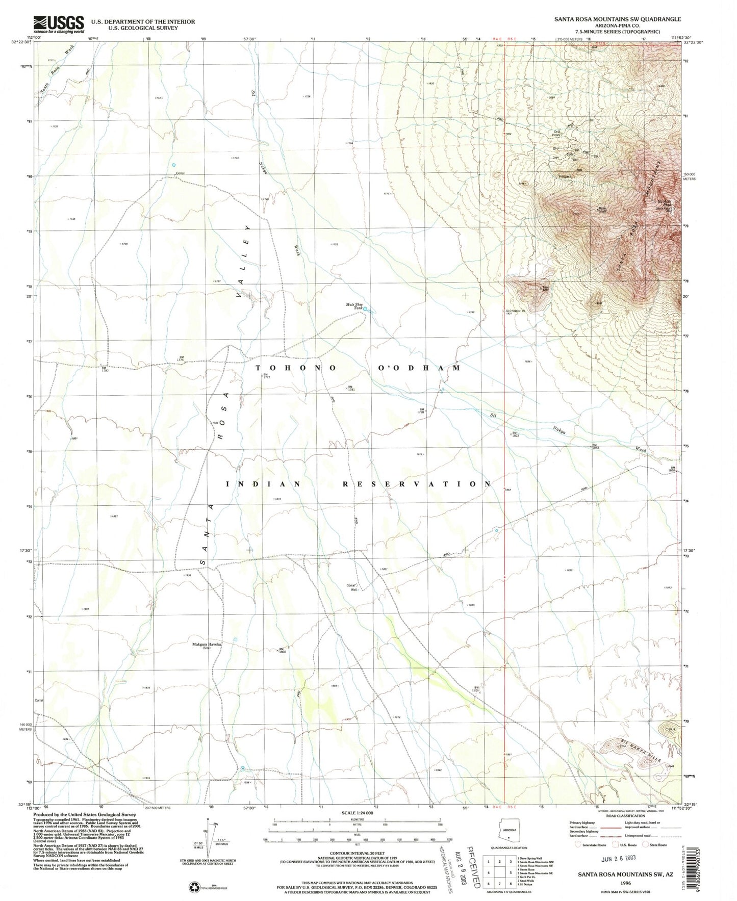 Classic USGS Santa Rosa Mountains SW Arizona 7.5'x7.5' Topo Map Image