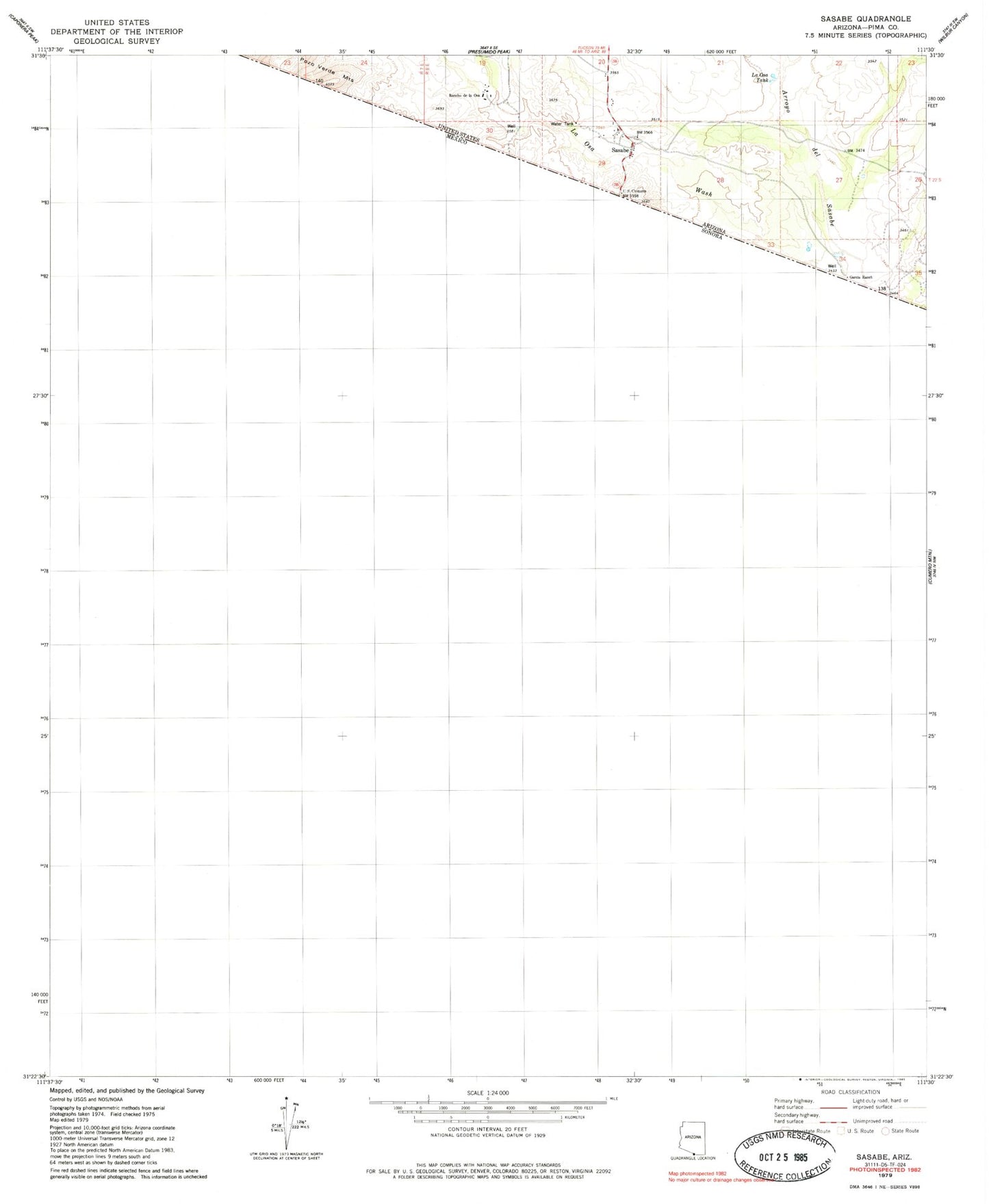 Classic USGS Sasabe Arizona 7.5'x7.5' Topo Map Image