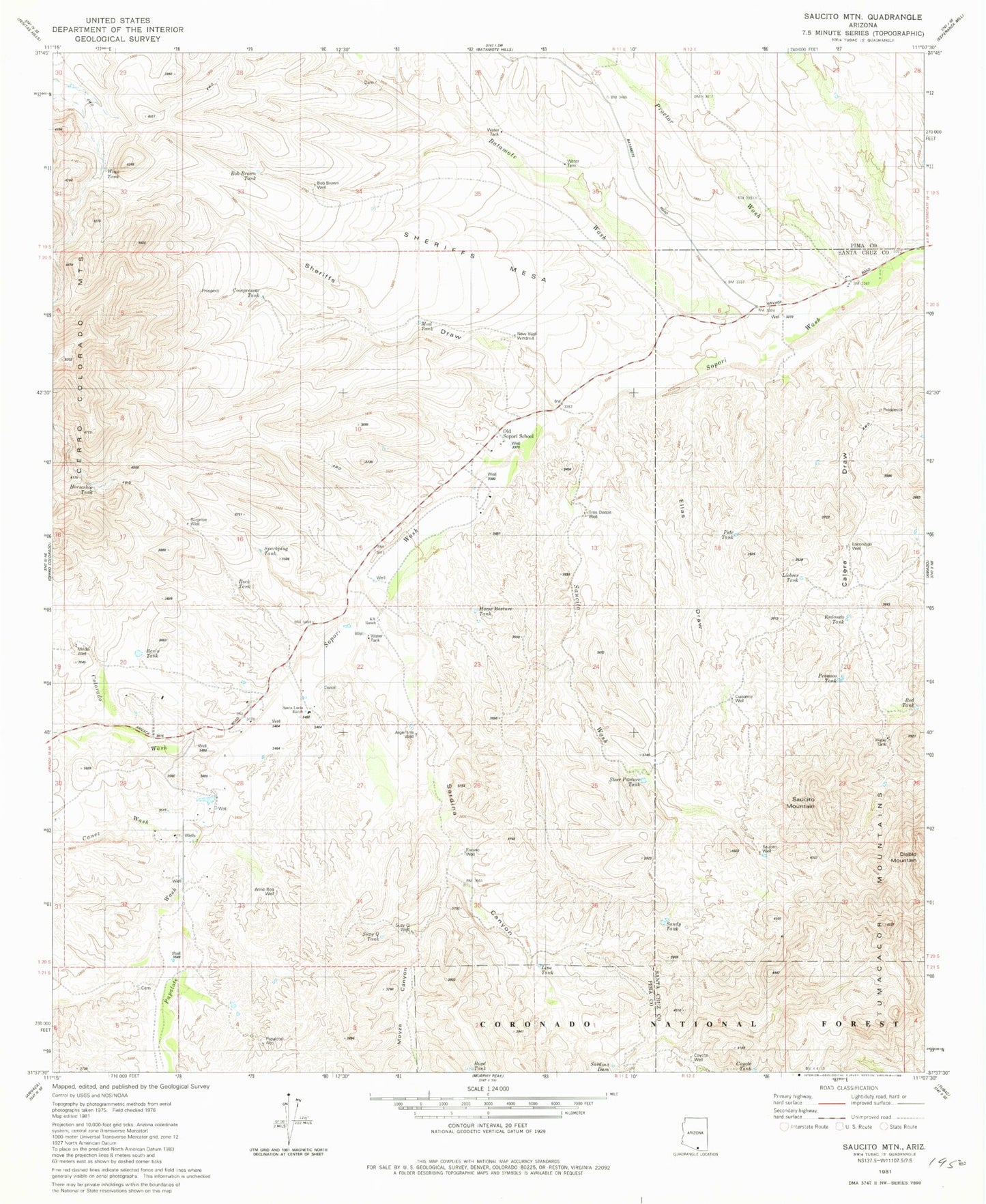 Classic USGS Saucito Mountain Arizona 7.5'x7.5' Topo Map Image