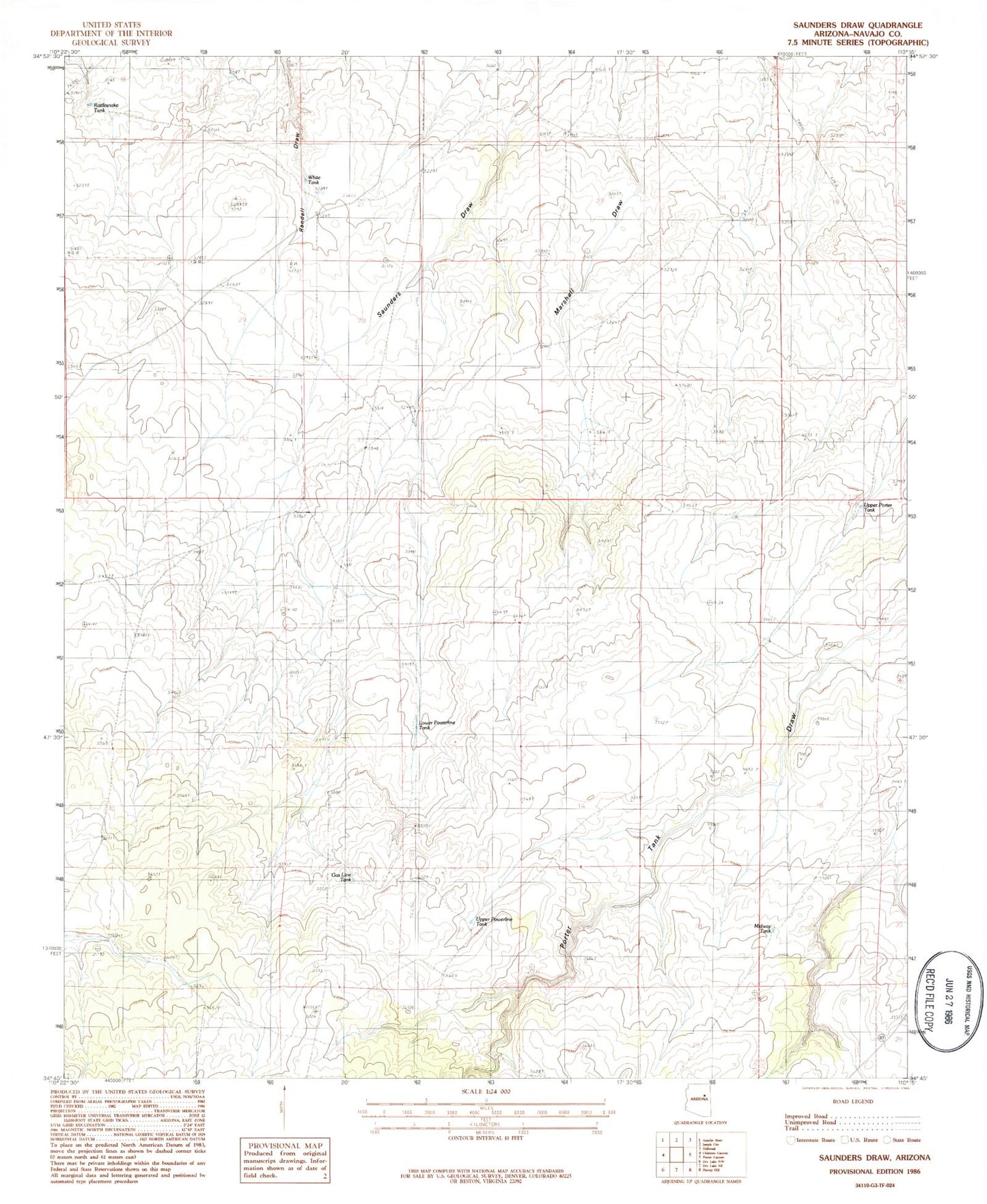 Classic USGS Saunders Draw Arizona 7.5'x7.5' Topo Map Image