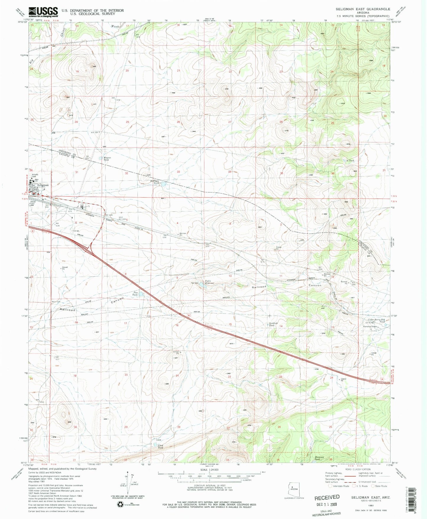 Classic USGS Seligman East Arizona 7.5'x7.5' Topo Map Image