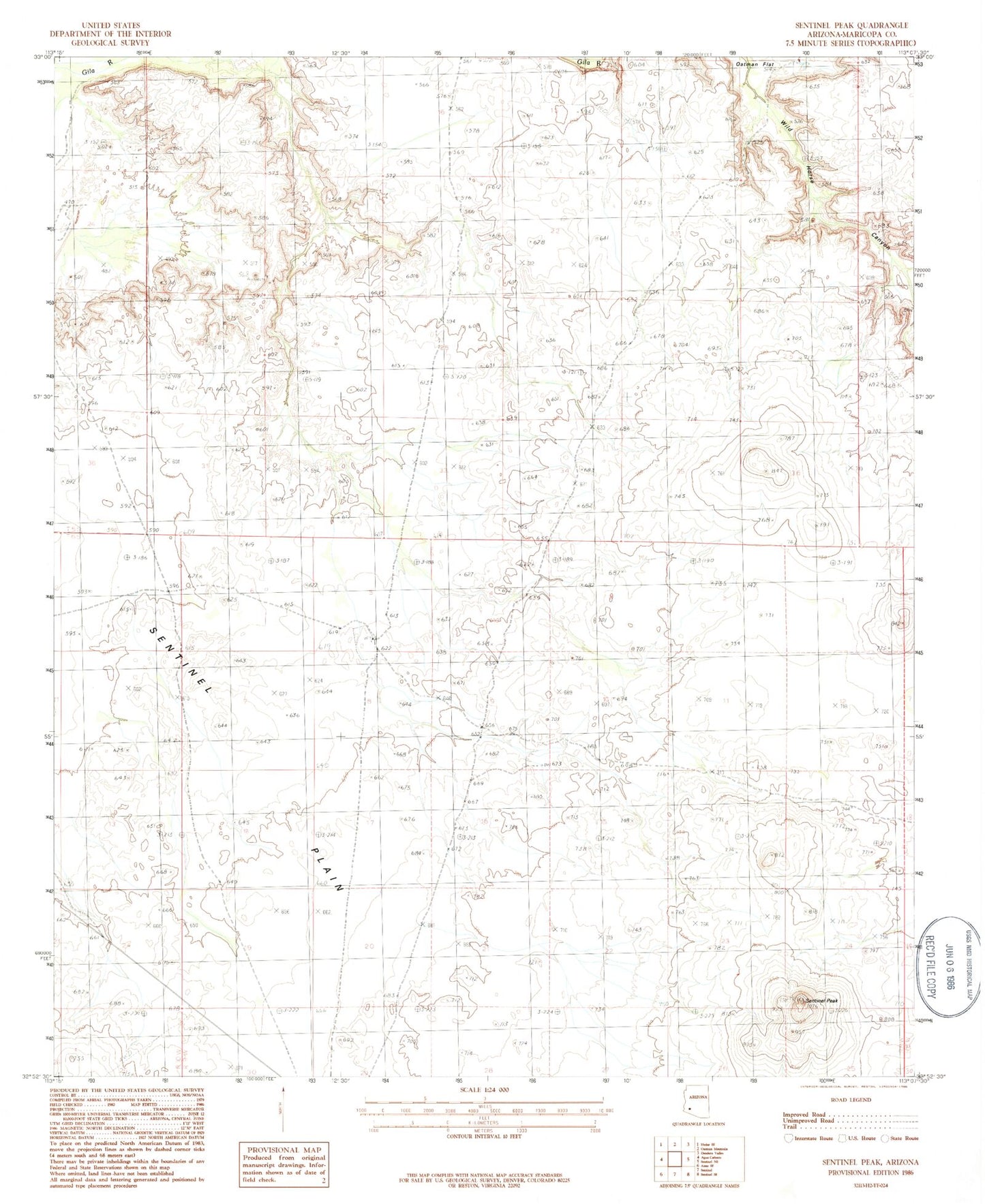Classic USGS Sentinel Peak Arizona 7.5'x7.5' Topo Map Image