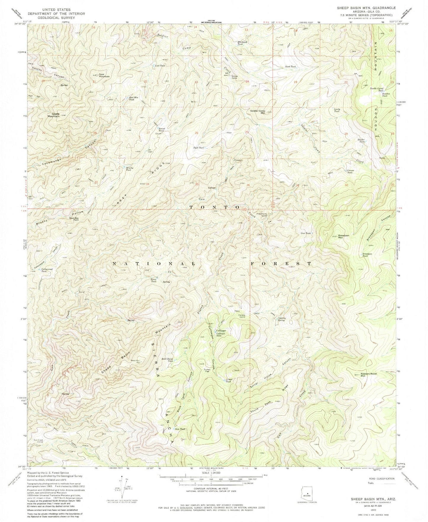 Classic USGS Sheep Basin Mountain Arizona 7.5'x7.5' Topo Map Image