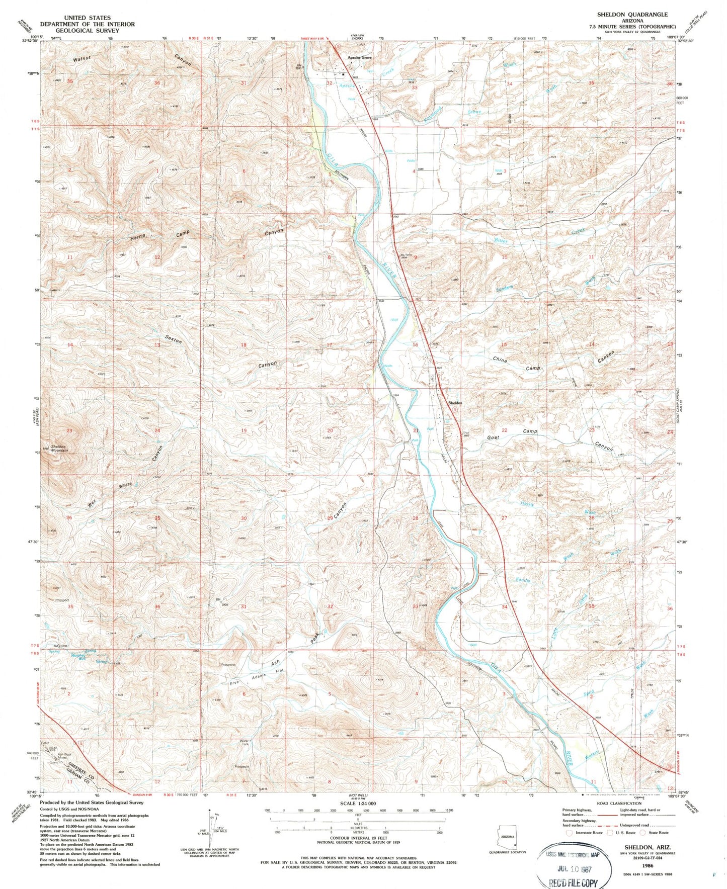 Classic USGS Sheldon Arizona 7.5'x7.5' Topo Map Image