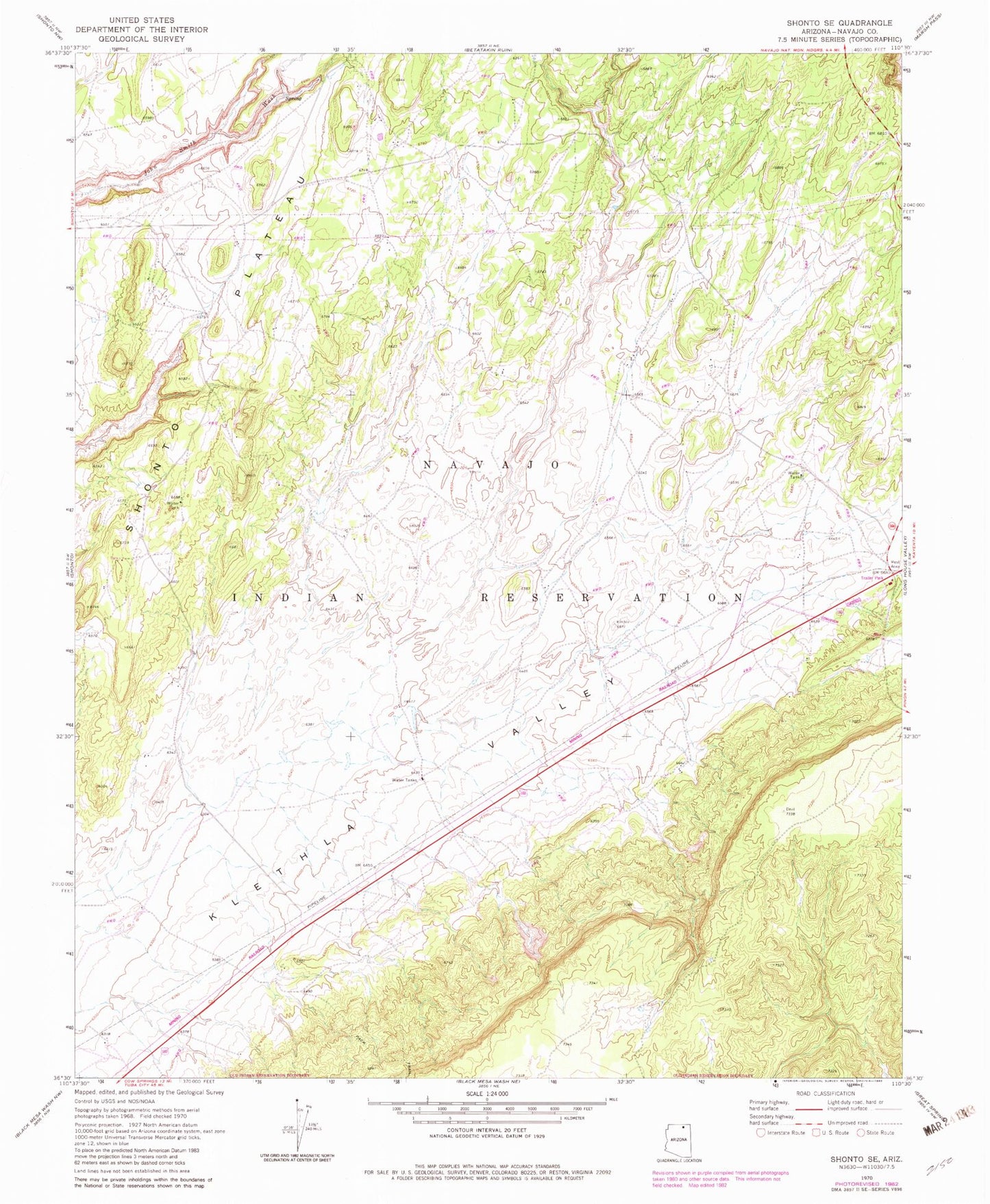 Classic USGS Shonto SE Arizona 7.5'x7.5' Topo Map Image