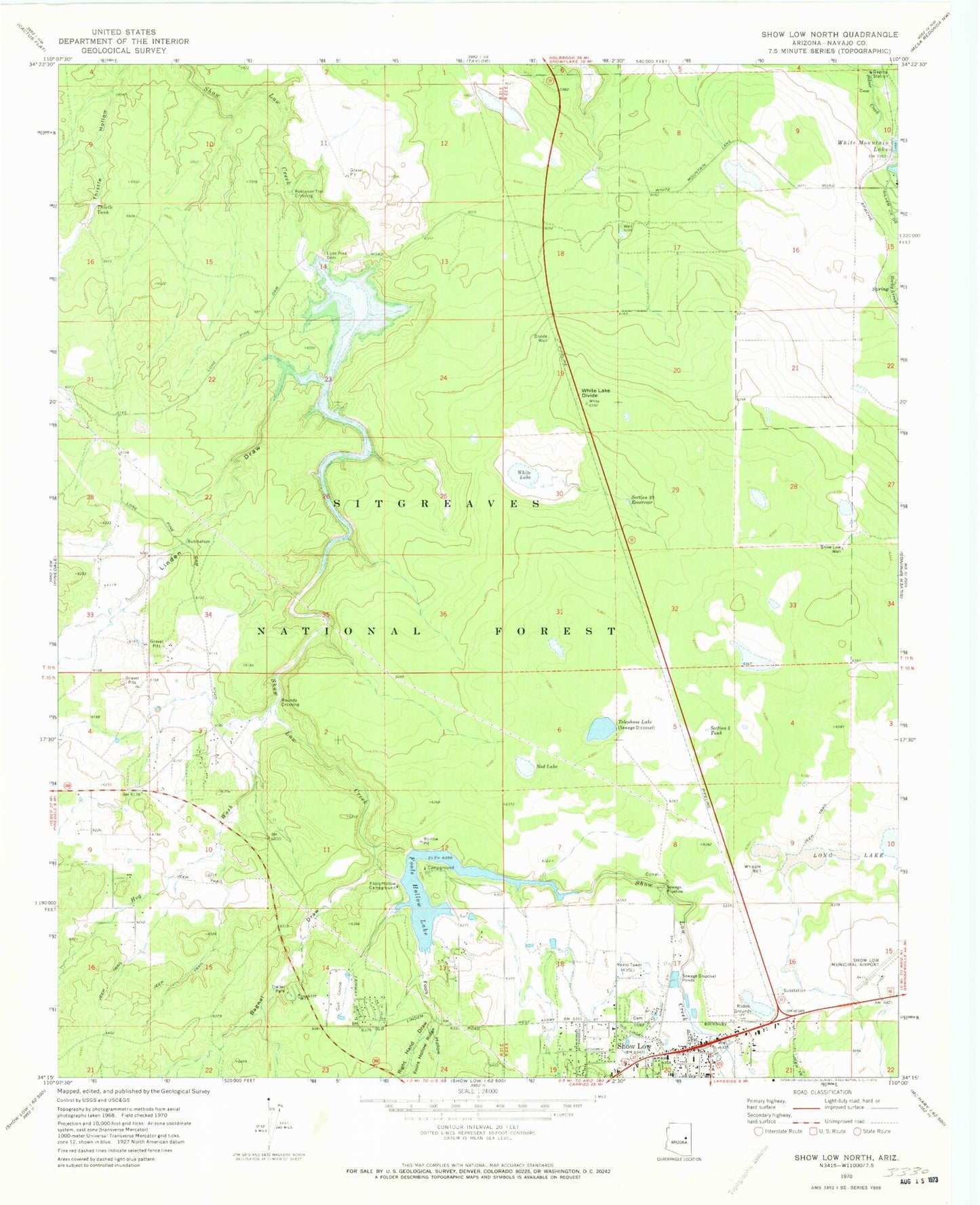 Classic USGS Show Low North Arizona 7.5'x7.5' Topo Map Image