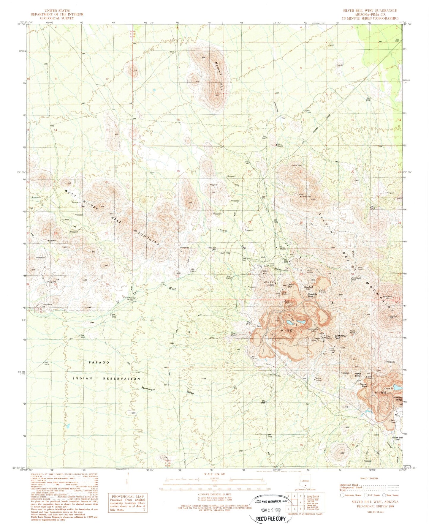 Classic USGS Silver Bell West Arizona 7.5'x7.5' Topo Map Image