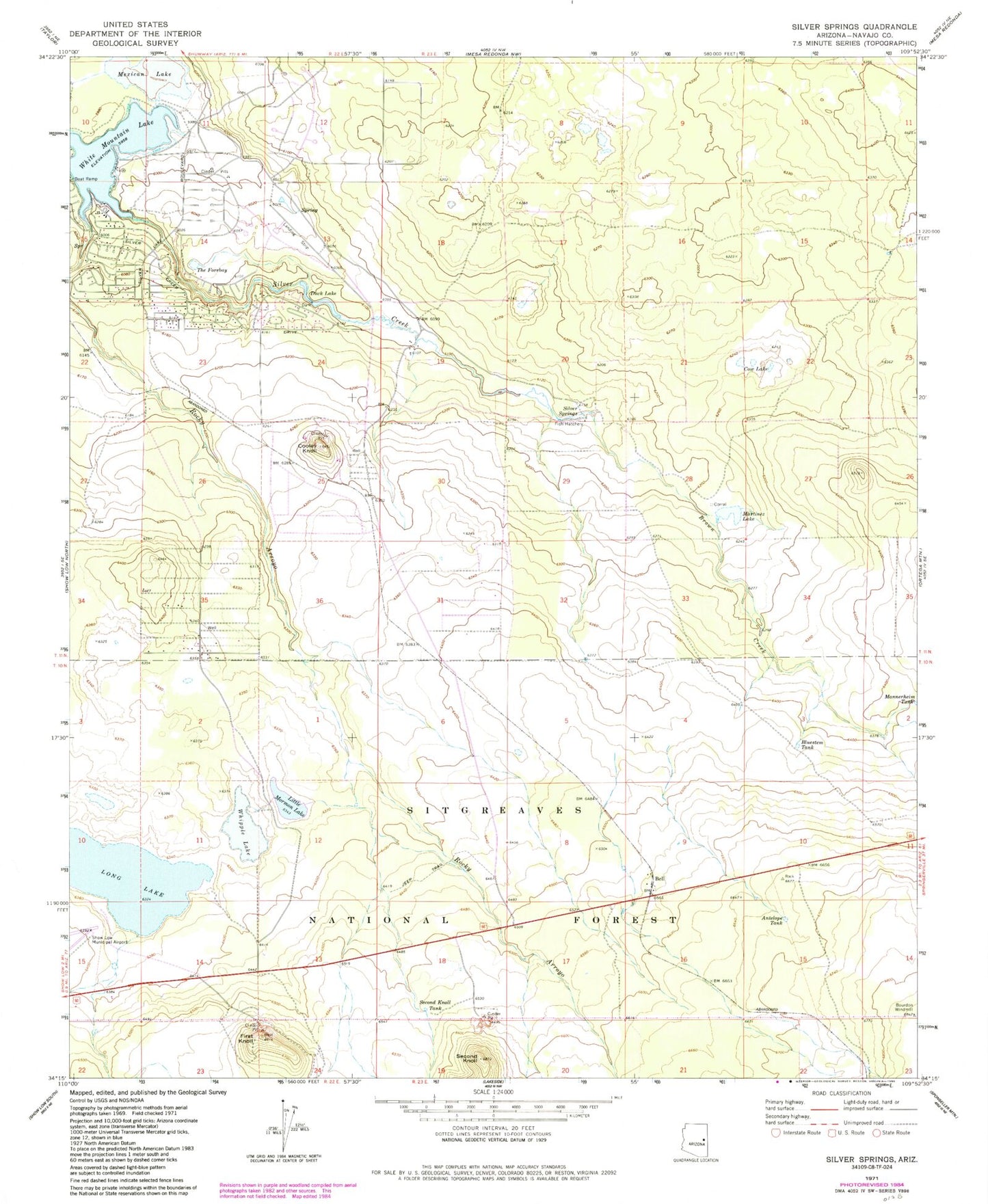 Classic USGS Silver Springs Arizona 7.5'x7.5' Topo Map Image
