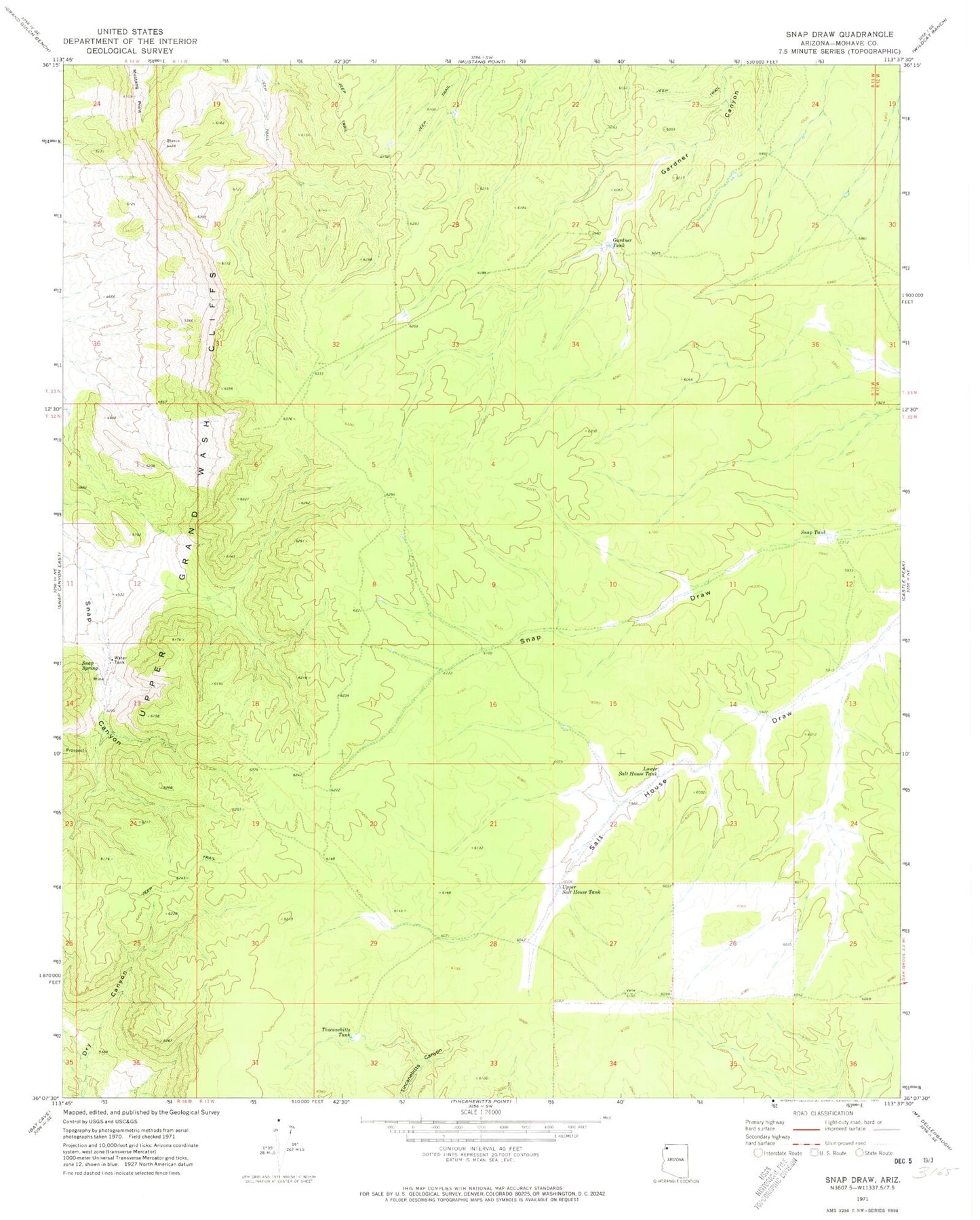 Classic USGS Snap Draw Arizona 7.5'x7.5' Topo Map Image