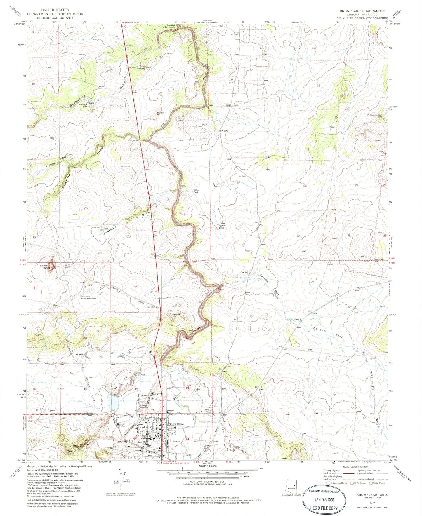 Classic USGS Snowflake Arizona 7.5'x7.5' Topo Map Image