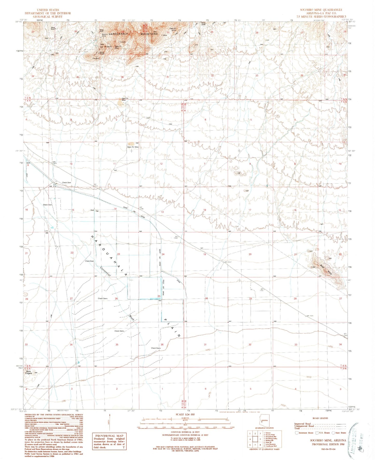 Classic USGS Socorro Mine Arizona 7.5'x7.5' Topo Map Image