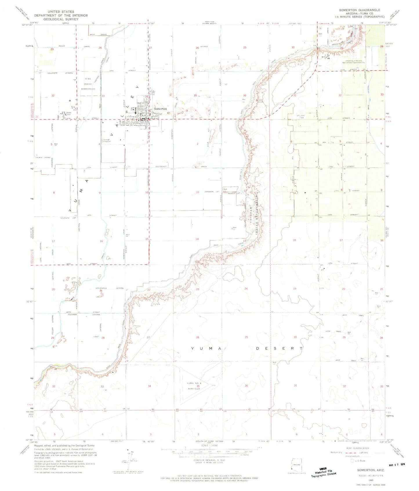 Classic USGS Somerton Arizona 7.5'x7.5' Topo Map Image