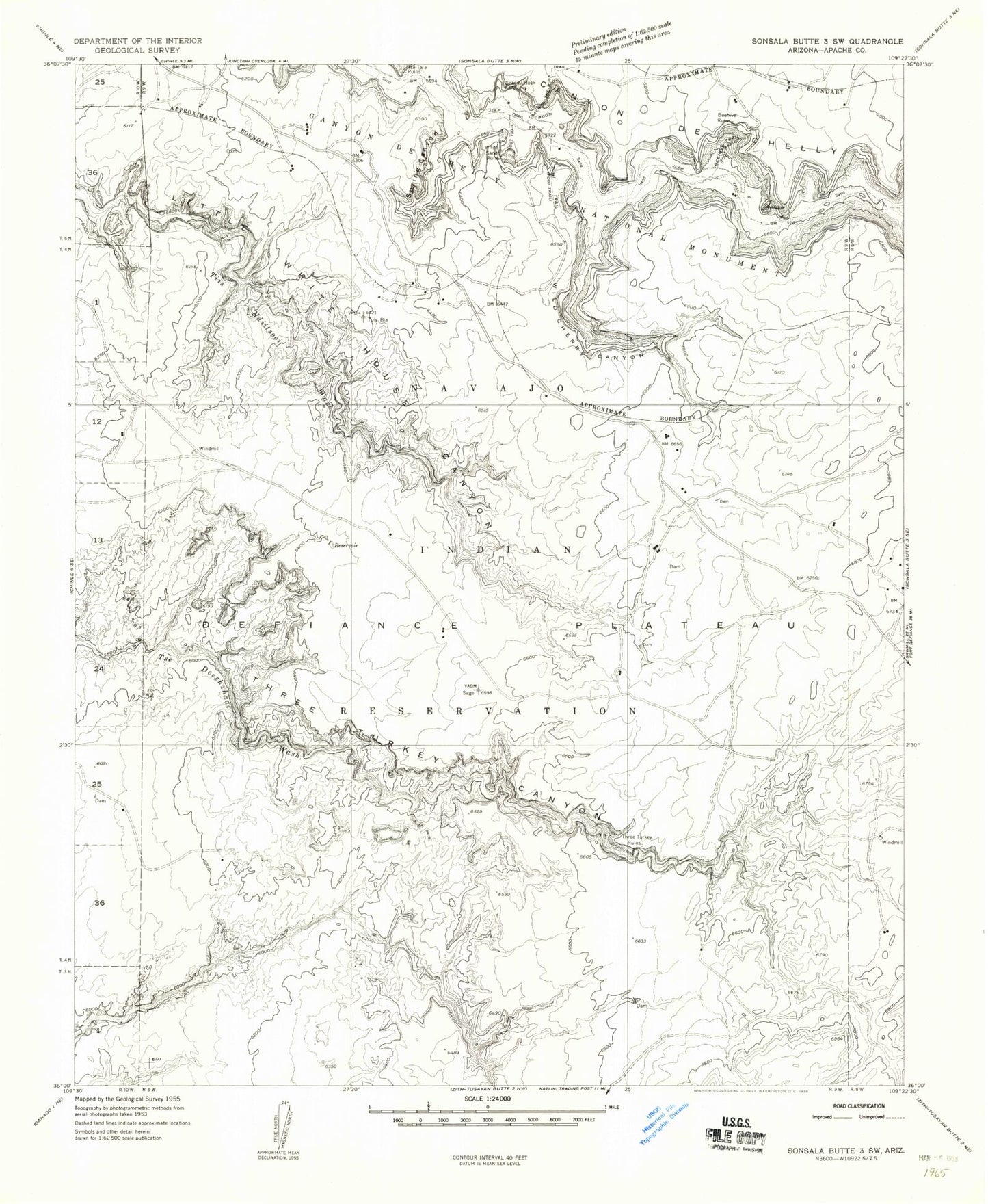 Classic USGS Three Turkey Canyon Arizona 7.5'x7.5' Topo Map Image