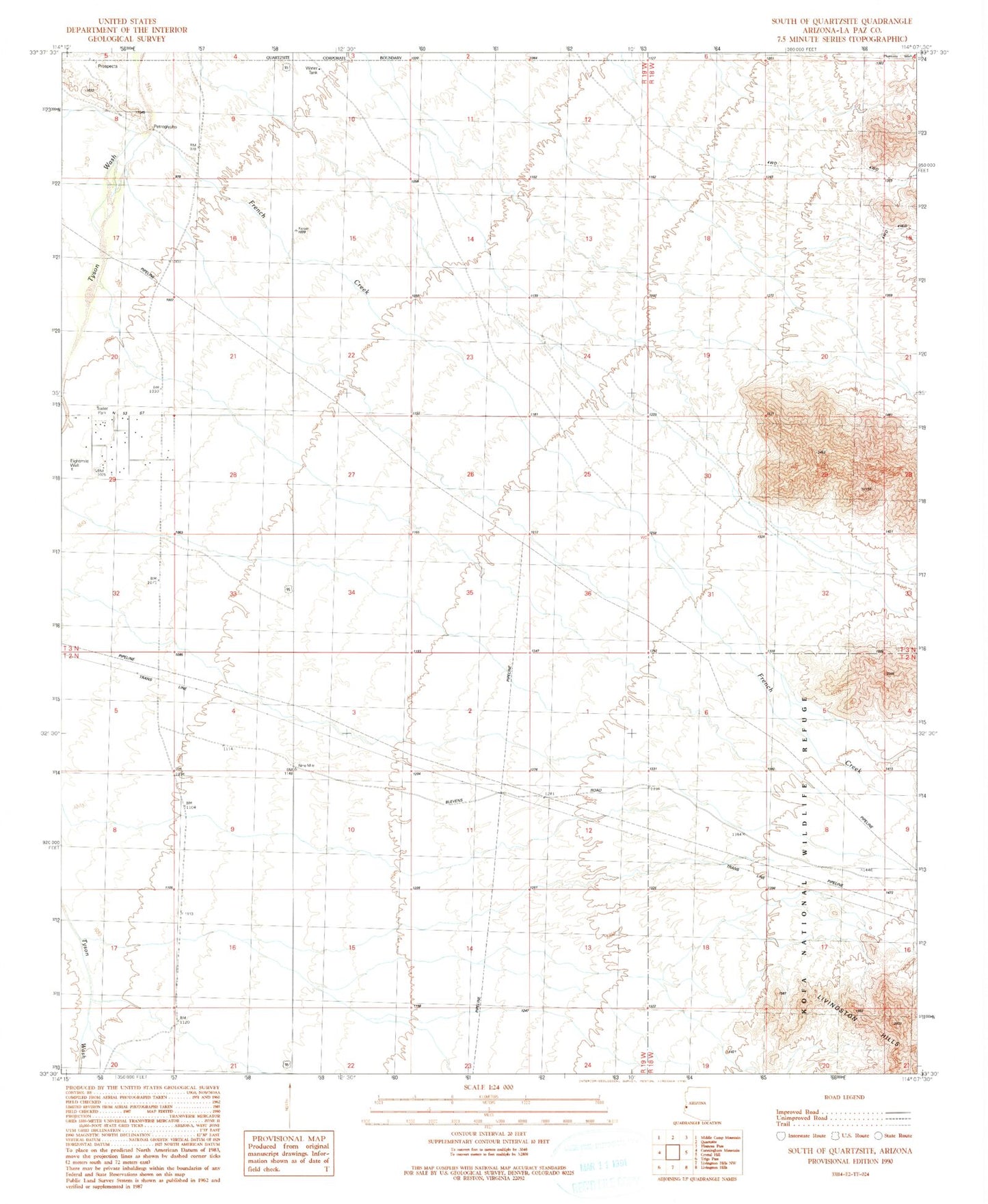 Classic USGS South of Quartzsite Arizona 7.5'x7.5' Topo Map Image