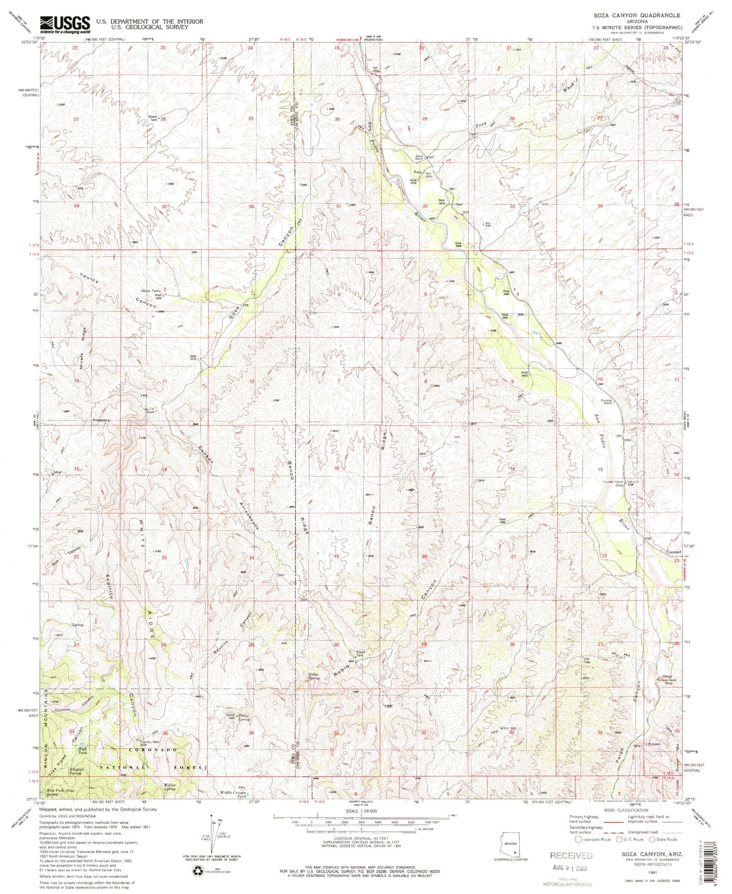 Classic USGS Soza Canyon Arizona 7.5'x7.5' Topo Map Image