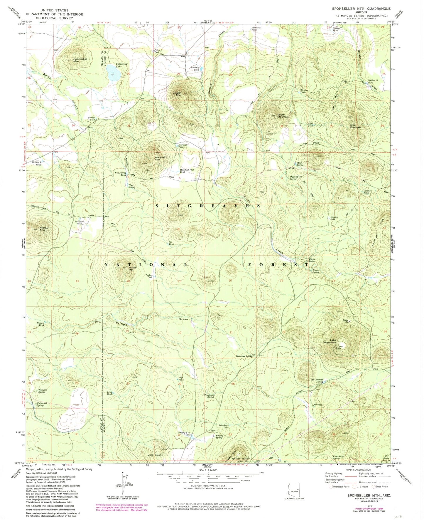 Classic USGS Sponseller Mountain Arizona 7.5'x7.5' Topo Map Image