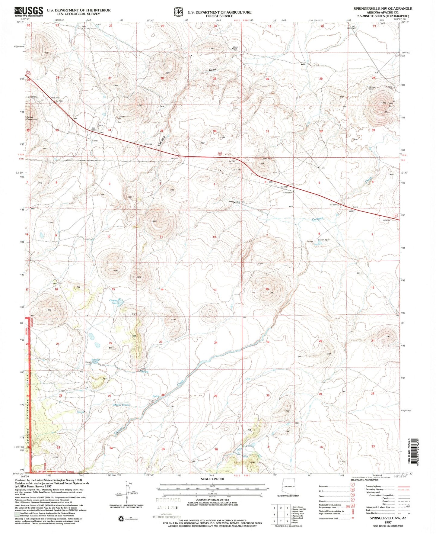 Classic USGS Springerville NW Arizona 7.5'x7.5' Topo Map Image
