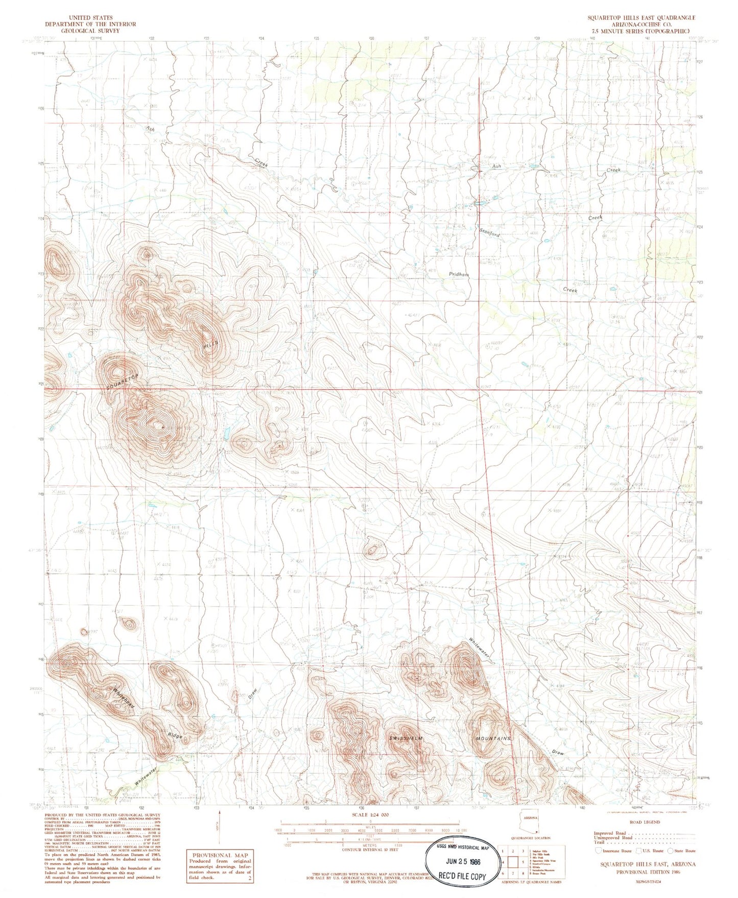 Classic USGS Squaretop Hills East Arizona 7.5'x7.5' Topo Map Image