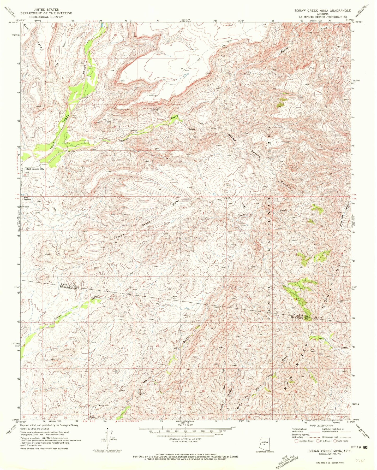Classic USGS Squaw Creek Mesa Arizona 7.5'x7.5' Topo Map Image
