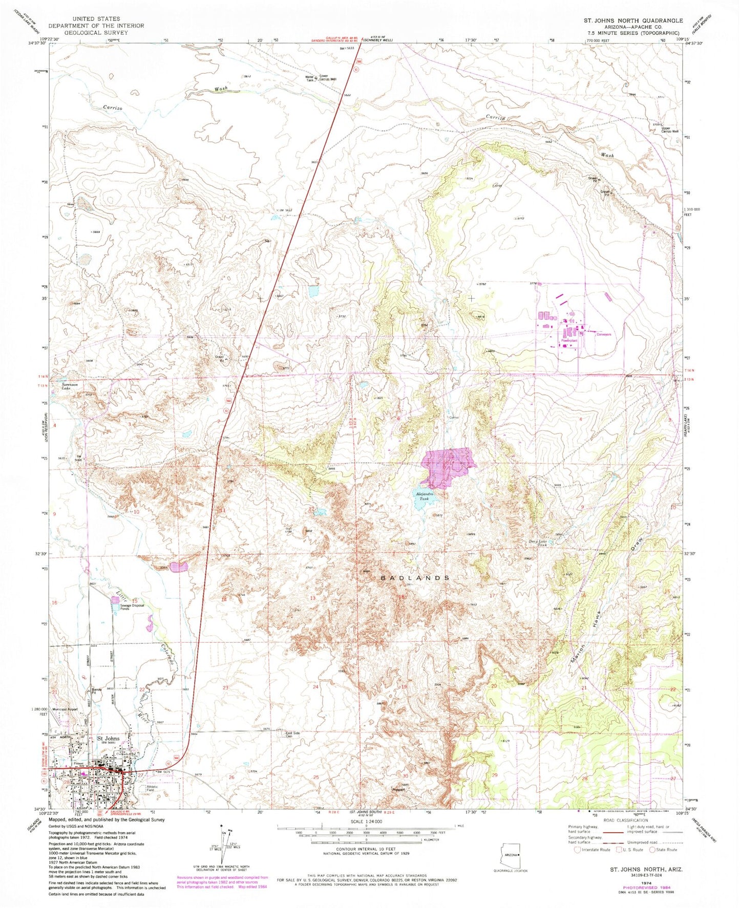 Classic USGS Saint Johns North Arizona 7.5'x7.5' Topo Map Image
