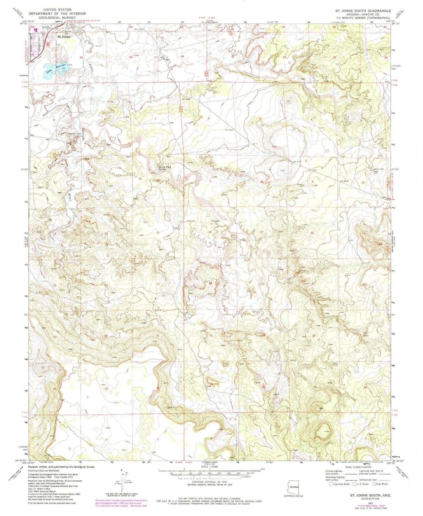 Classic USGS Saint Johns South Arizona 7.5'x7.5' Topo Map Image