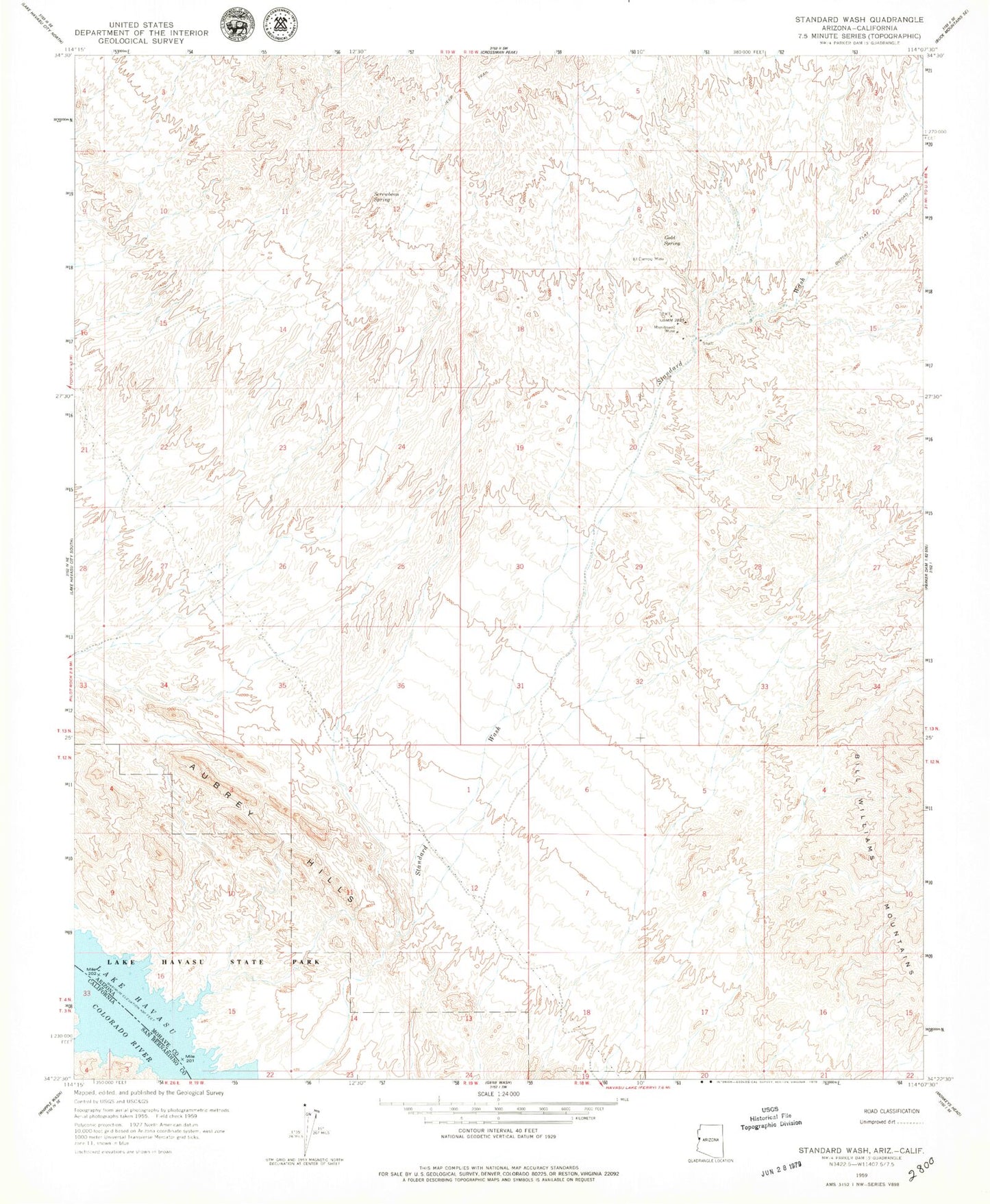 Classic USGS Standard Wash Arizona 7.5'x7.5' Topo Map Image