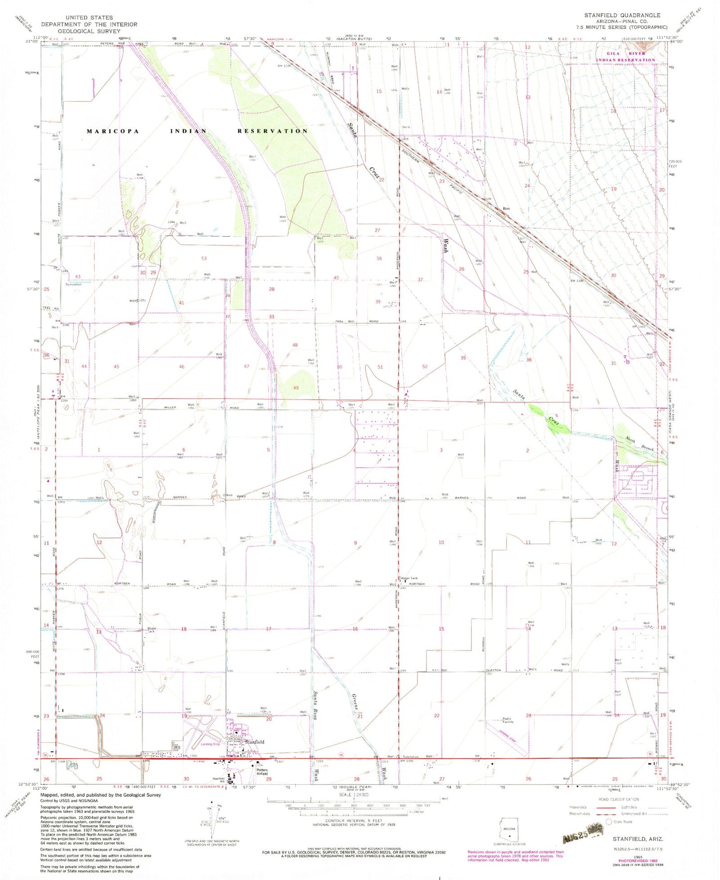 Classic USGS Stanfield Arizona 7.5'x7.5' Topo Map Image
